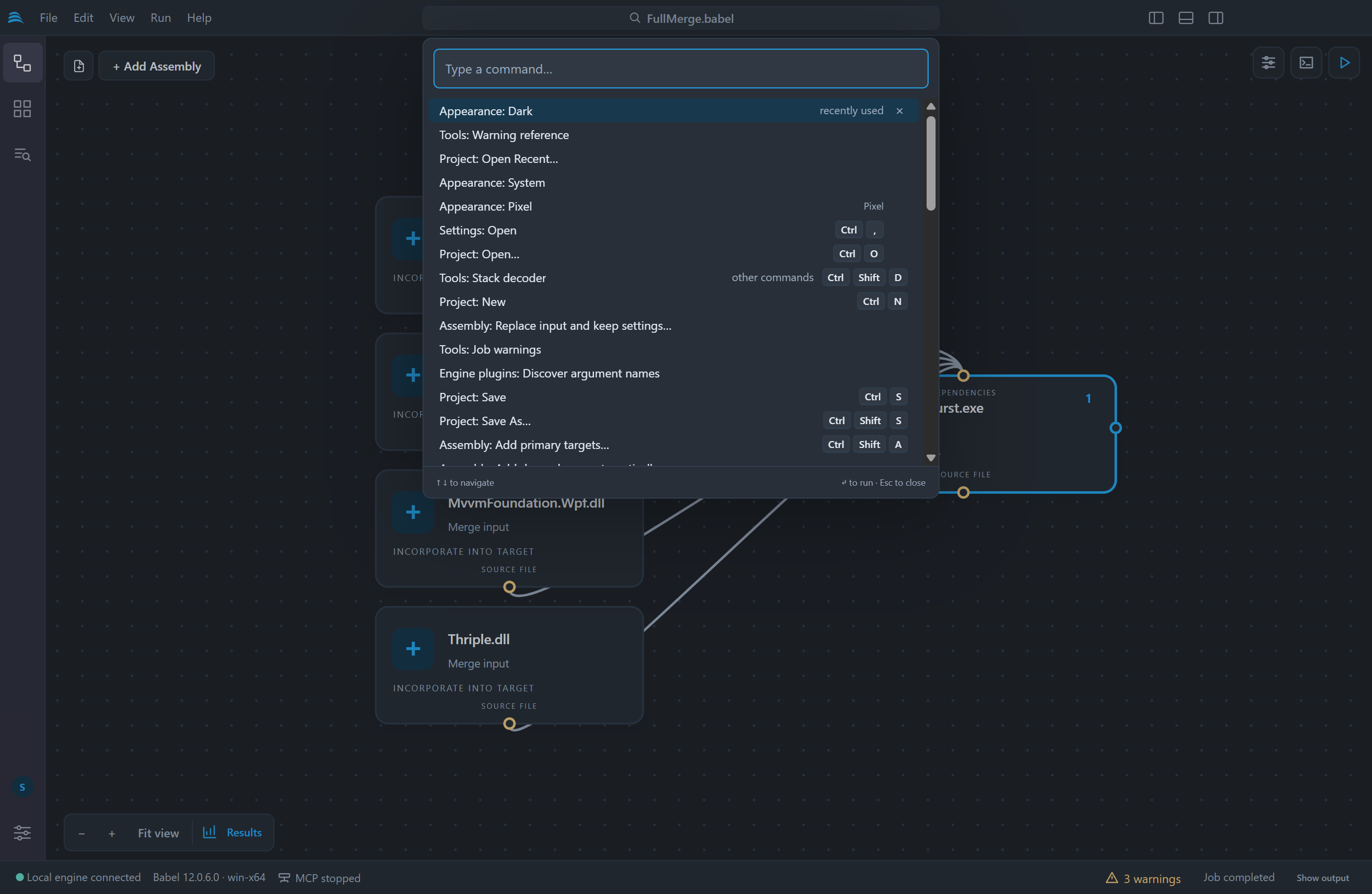 Command palette open over the project canvas, with Project: Open... marked as recently used, followed by Project: Open Recent..., Tools: Stack decoder, Tools: Warning reference, Project: New, Assembly: Replace input and keep settings..., the Project Save commands and the Assembly commands, each with its keyboard shortcut
