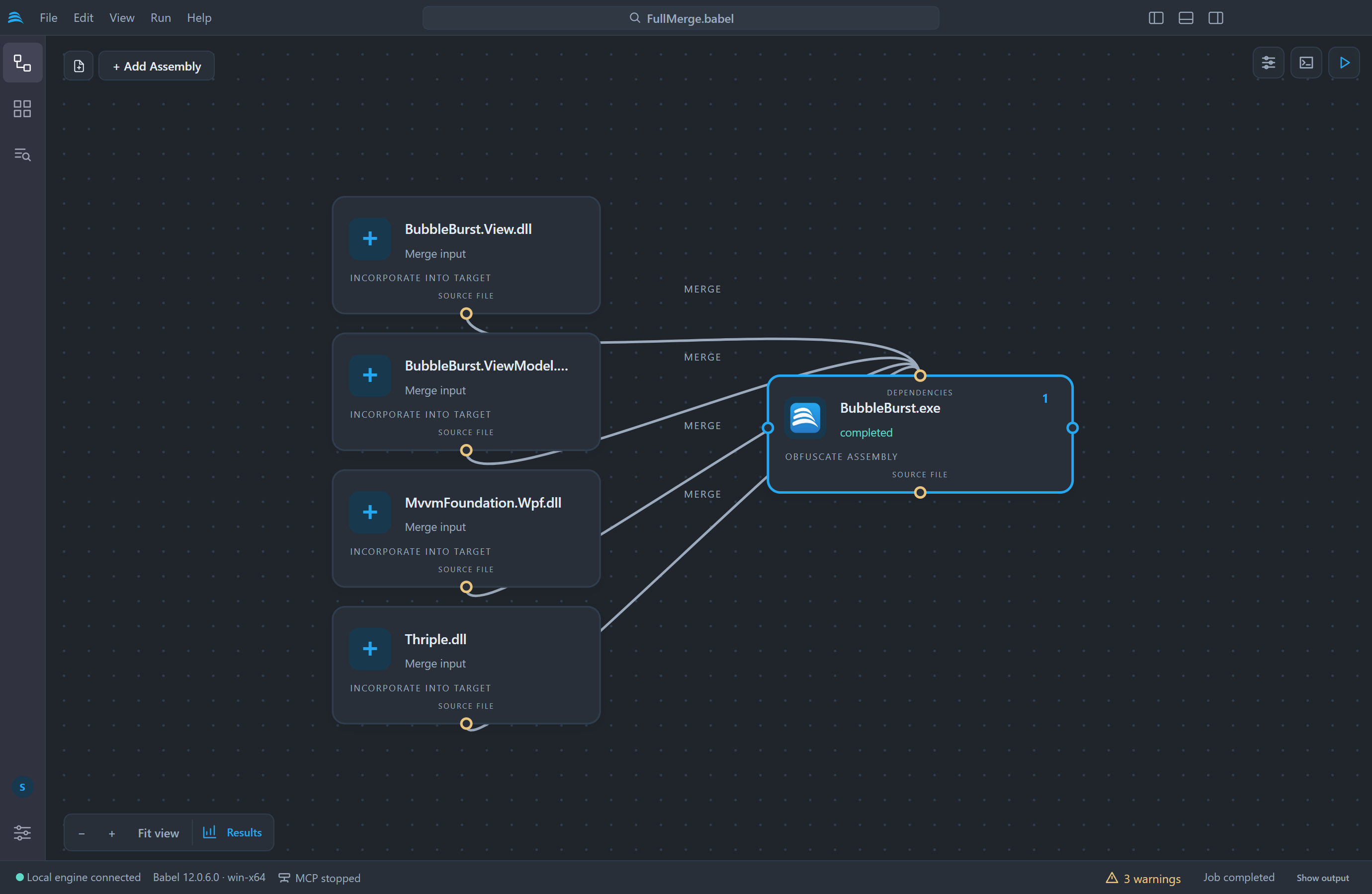 Project canvas of the project FullMerge.babel: the primary target BubbleBurst.exe on the right and four merge inputs on the left, BubbleBurst.View.dll, BubbleBurst.ViewModel.dll, MvvmFoundation.Wpf.dll and Thriple.dll, each connected to it with a line labelled MERGE