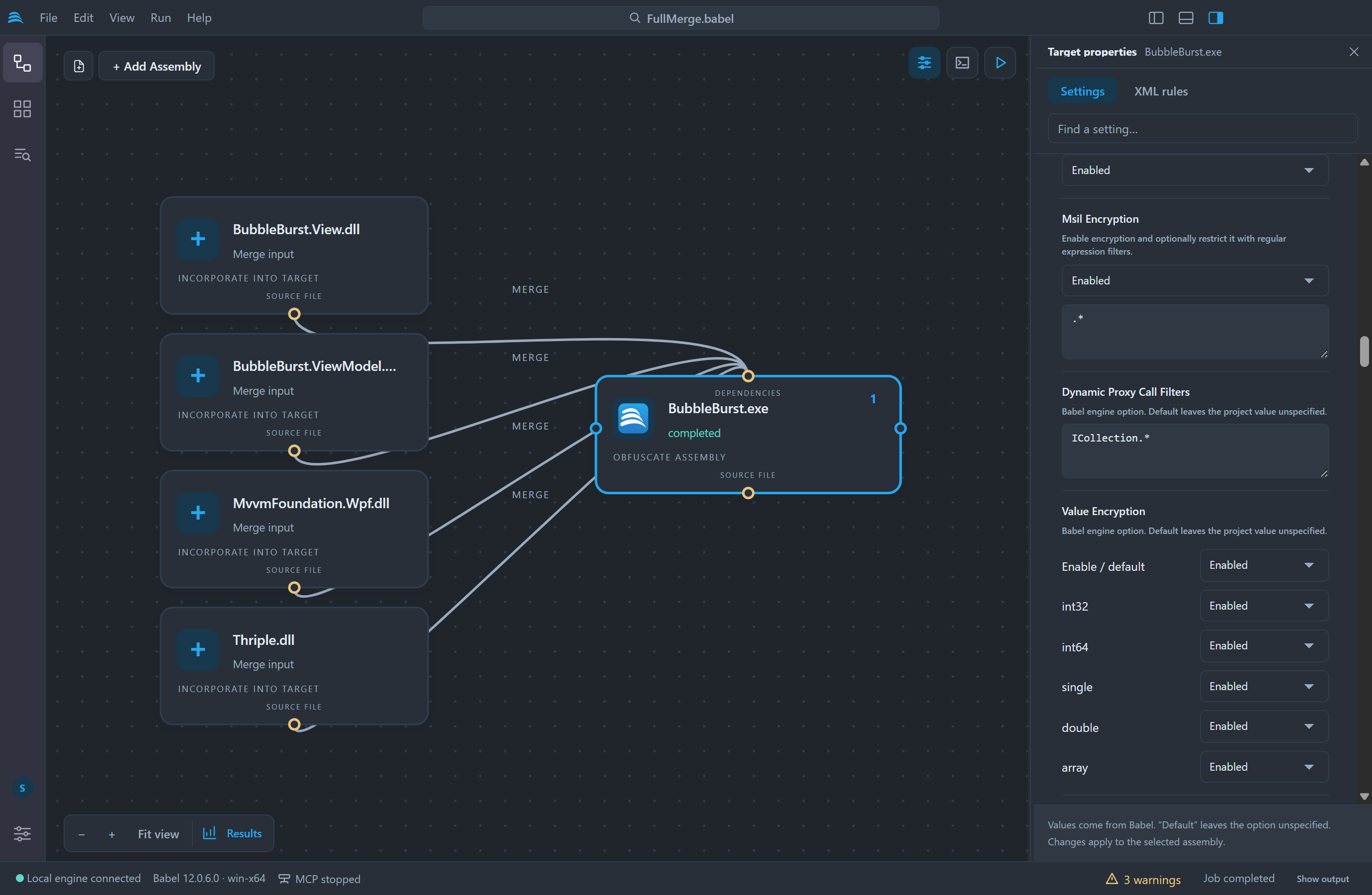 Properties panel on the Code encryption group: String Encryption enabled, Msil Encryption enabled with the filter .*, Dynamic Proxy Call Filters set to ICollection.* and Value Encryption with int32, int64, single, double and array enabled