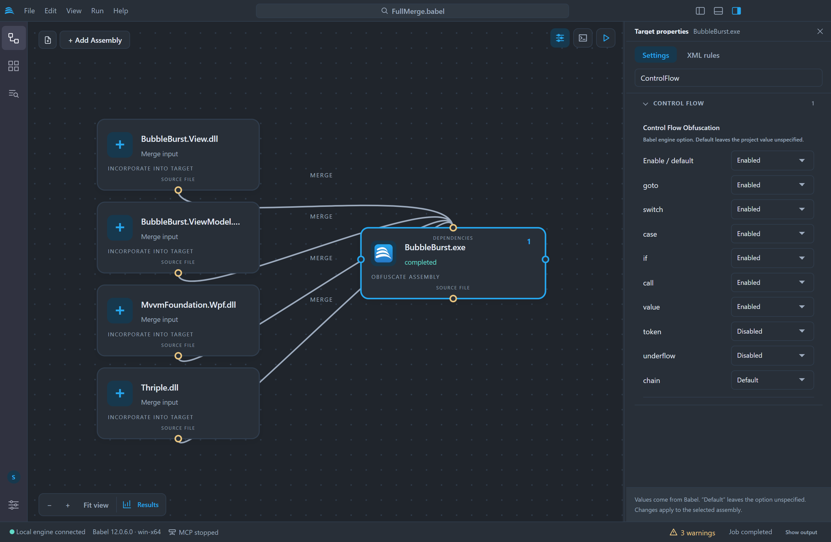 Properties panel filtered by ControlFlow: the Control Flow Obfuscation map with enable, goto, switch, case, if, call and value enabled, token and underflow disabled, and chain left at its default