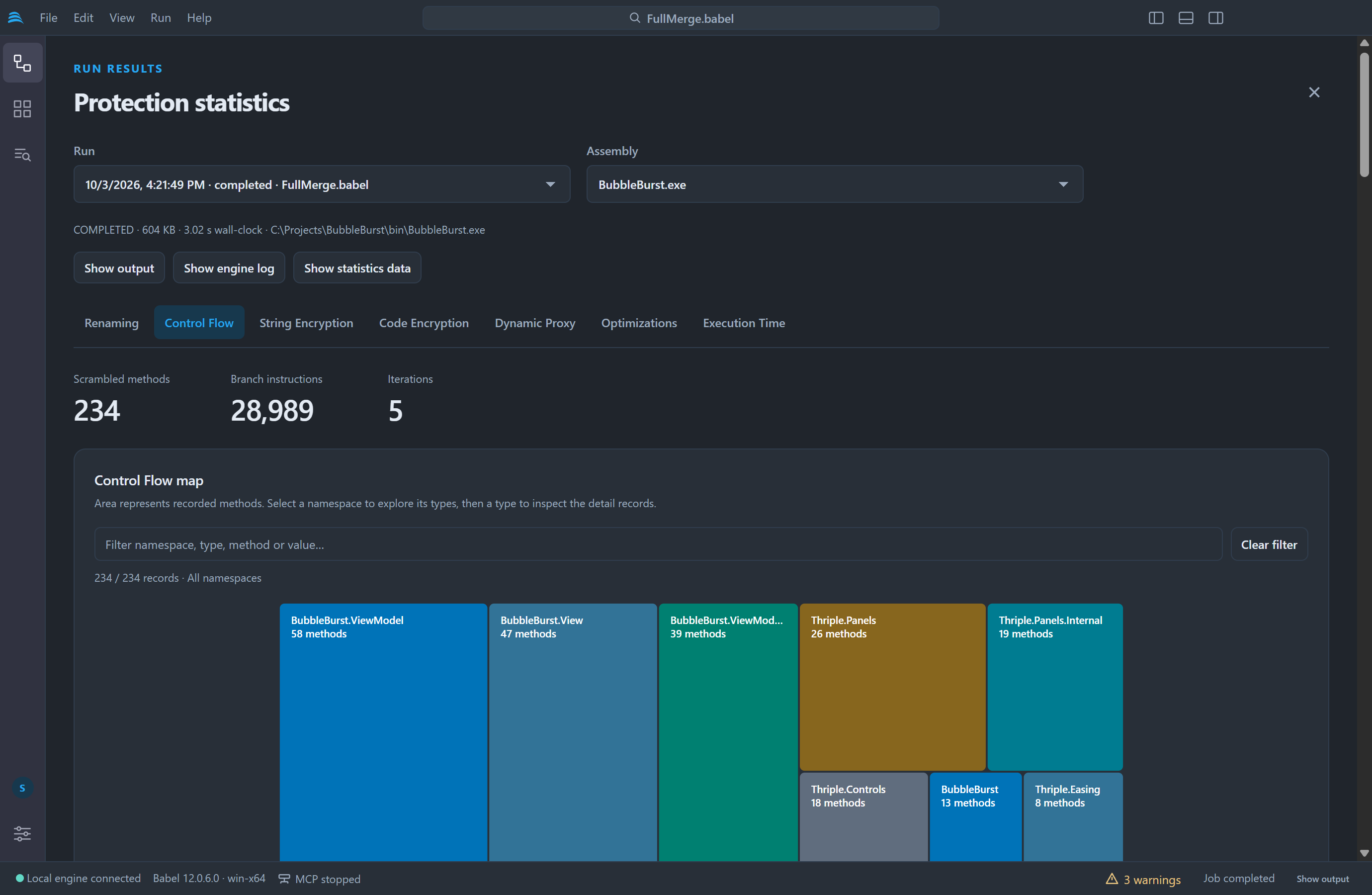 Protection statistics on the Control Flow tab: 234 scrambled methods, 28,990 branch instructions and 5 iterations, and a treemap of the transformed methods by namespace, from BubbleBurst.ViewModel with 58 methods to Thriple.Easing with 8
