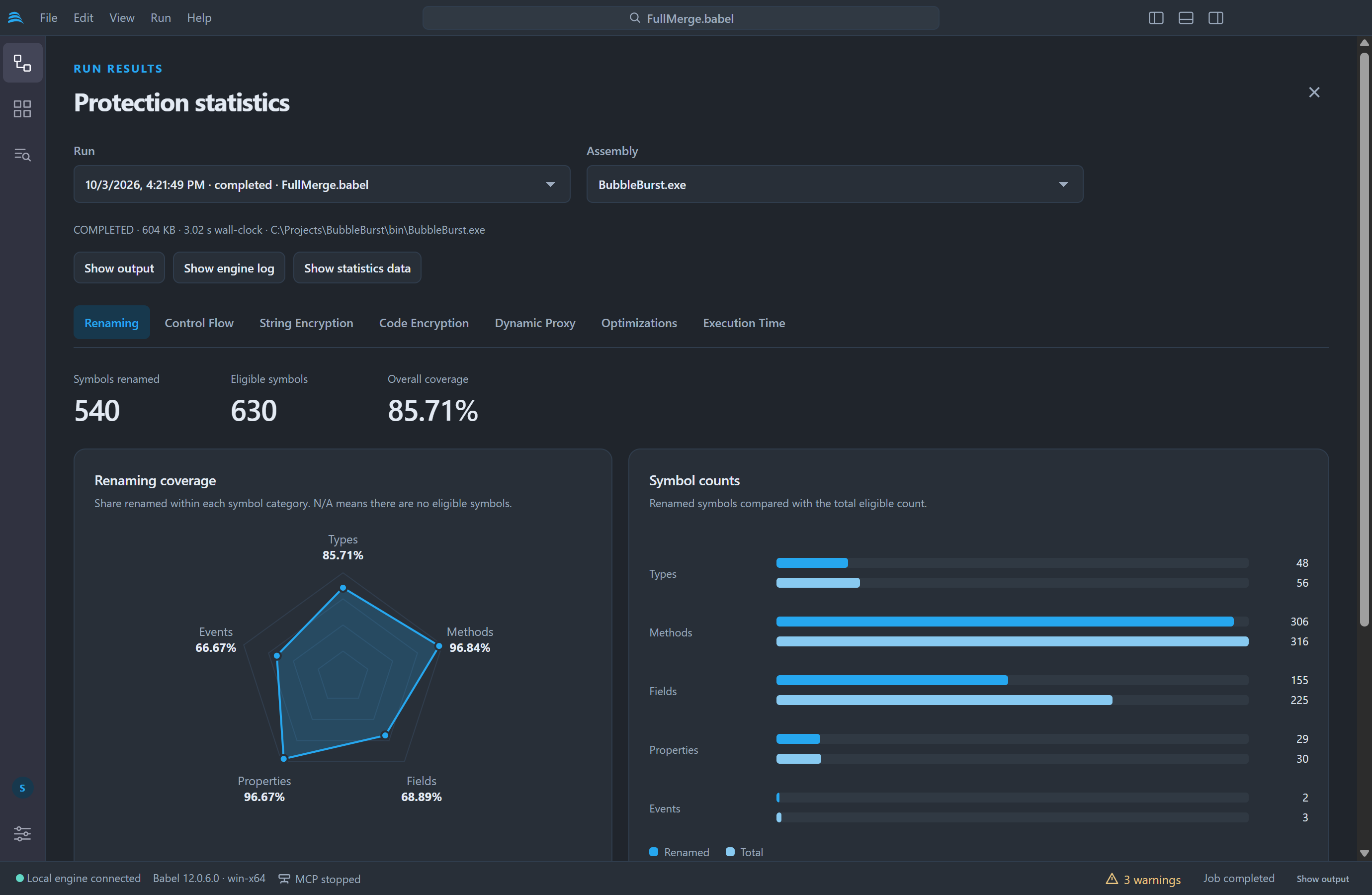 Protection statistics on the Renaming tab: 540 of 630 symbols renamed (85.71 percent), a radar chart of the coverage by symbol category and symbol count bars, the run and assembly pickers and the Show output, Show engine log and Show statistics data buttons