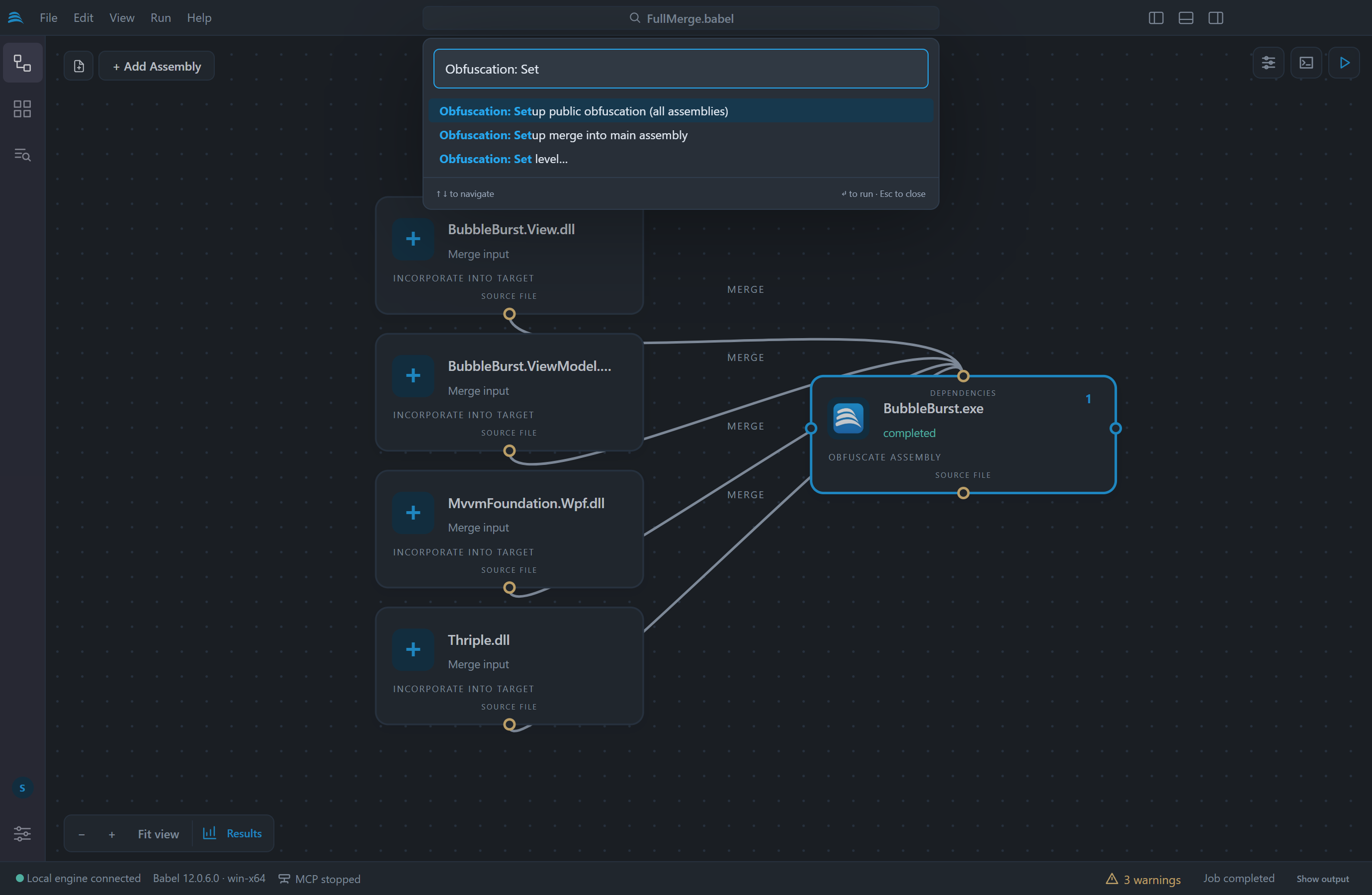 Command palette filtered by Obfuscation: Set, listing Obfuscation: Setup public obfuscation (all assemblies), Obfuscation: Setup merge into main assembly and Obfuscation: Set level...
