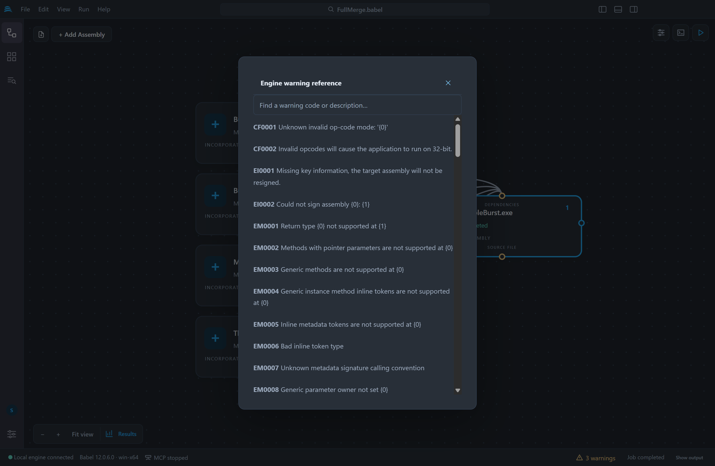Engine warning reference dialog with a search box and a list of warning codes such as CF0001, CF0002, EI0001 and EM0001