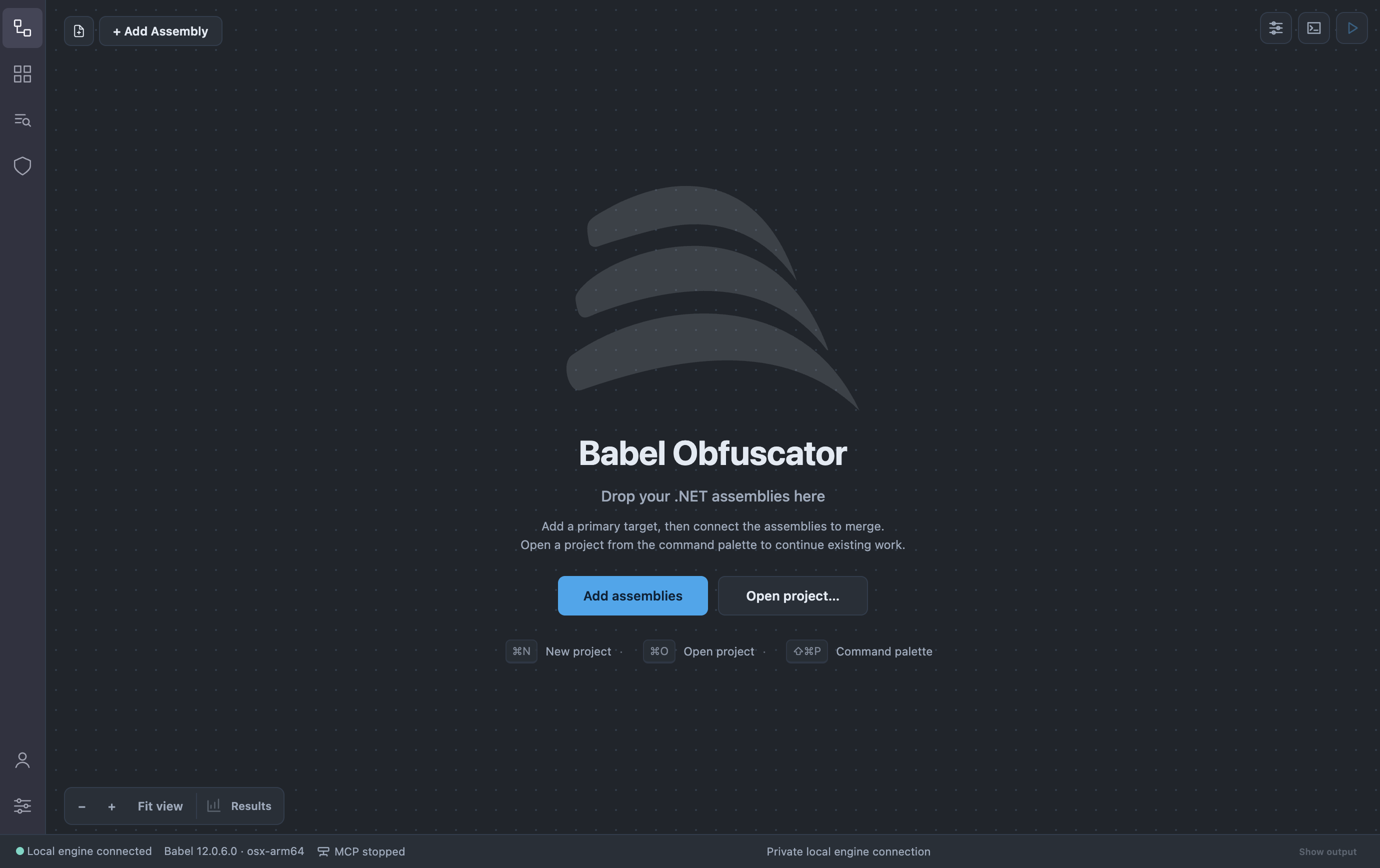 Babel Desktop start screen with no project open, showing the Add assemblies and Open project buttons, the New, Open and Command palette shortcuts, the activity bar on the left and the status bar reporting that the local engine is connected