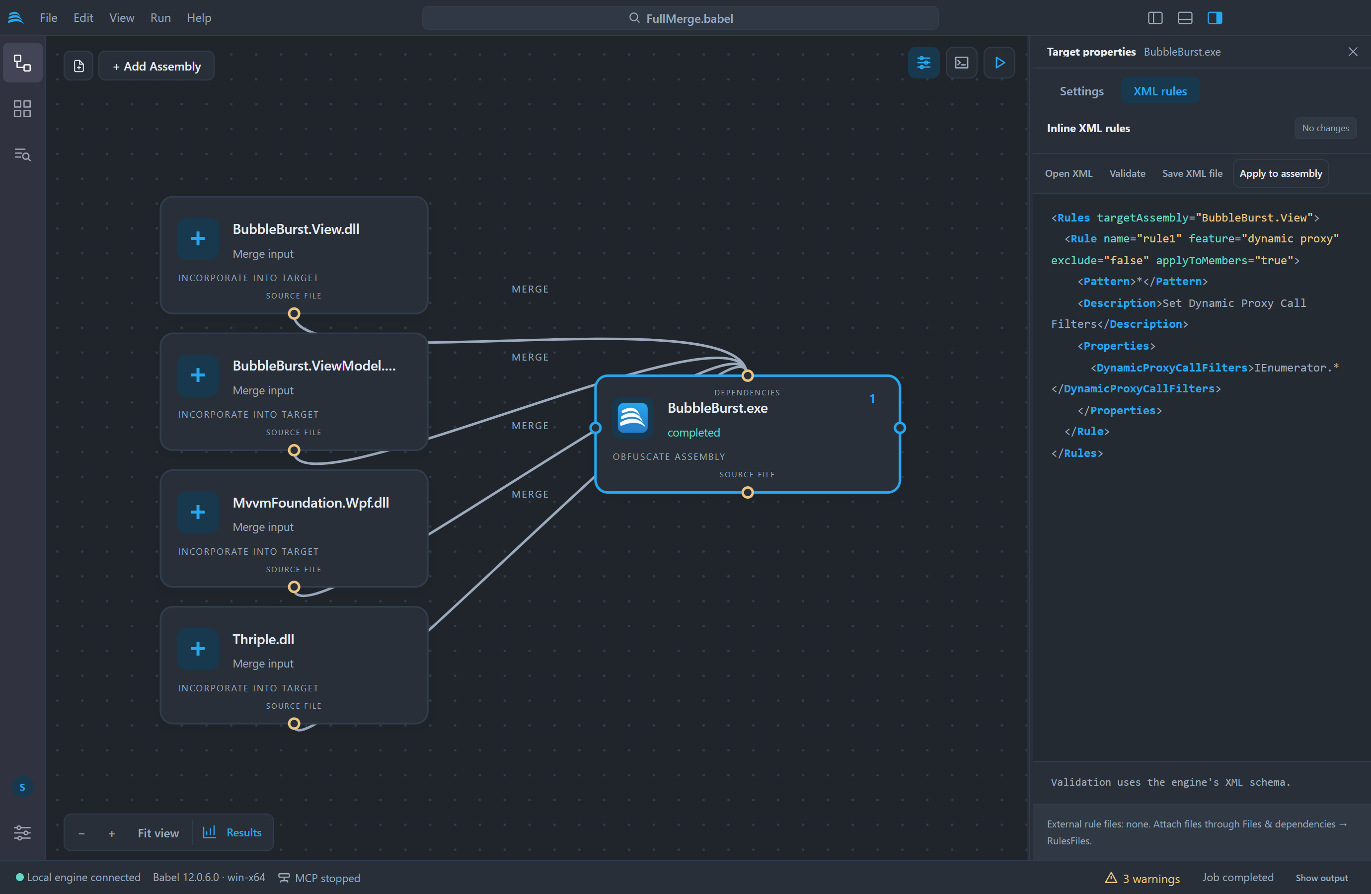 XML rules tab of the target with an inline rule for the merged assembly BubbleBurst.View that sets the Dynamic Proxy Call Filters property to IEnumerator.*, and the Open XML, Validate, Save XML file and Apply to assembly buttons