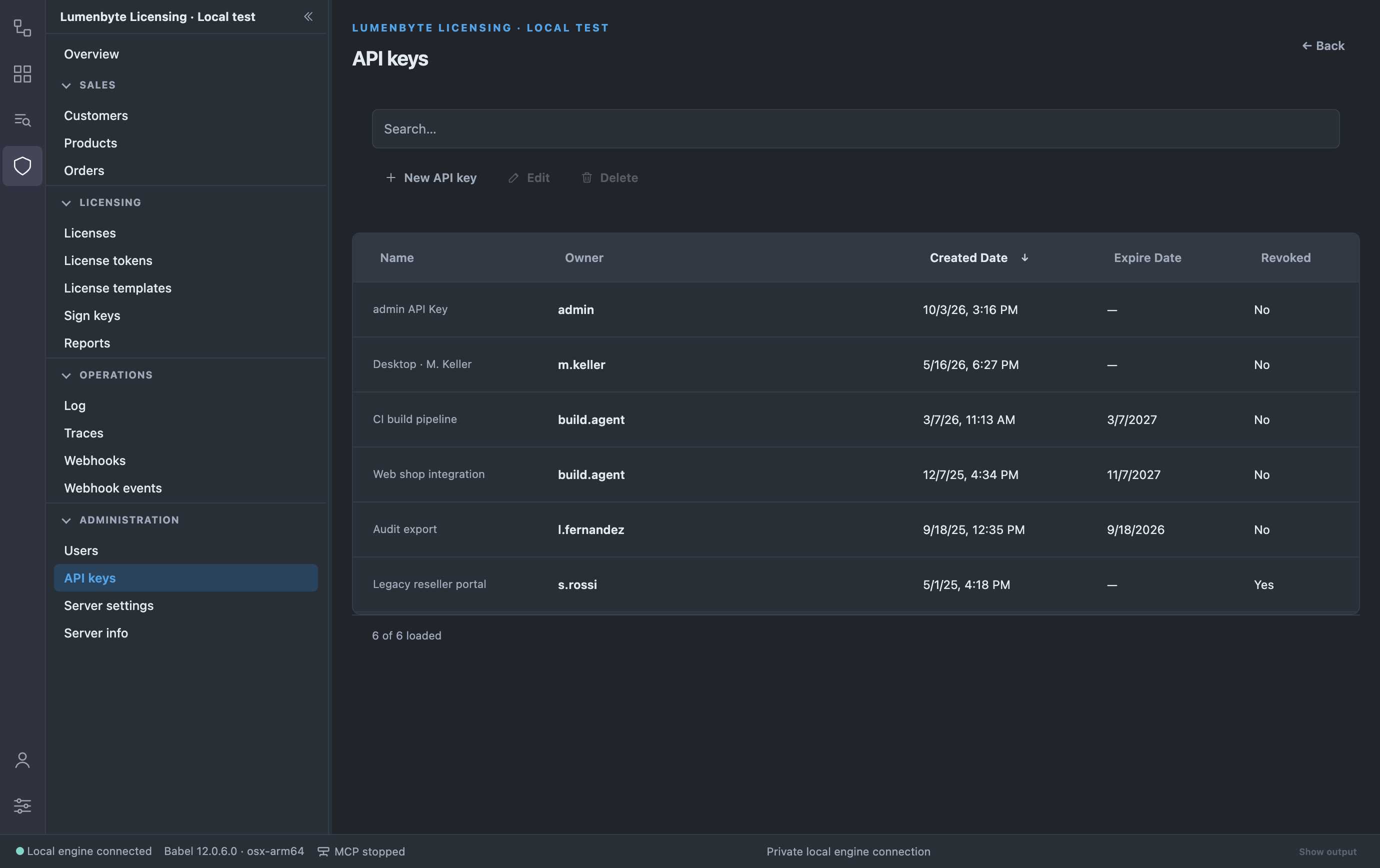 API keys list with name, owner, creation date, expire date with an expired Audit export key, and revoked state with the Legacy reseller portal key revoked, and the New API key, Edit and Delete buttons