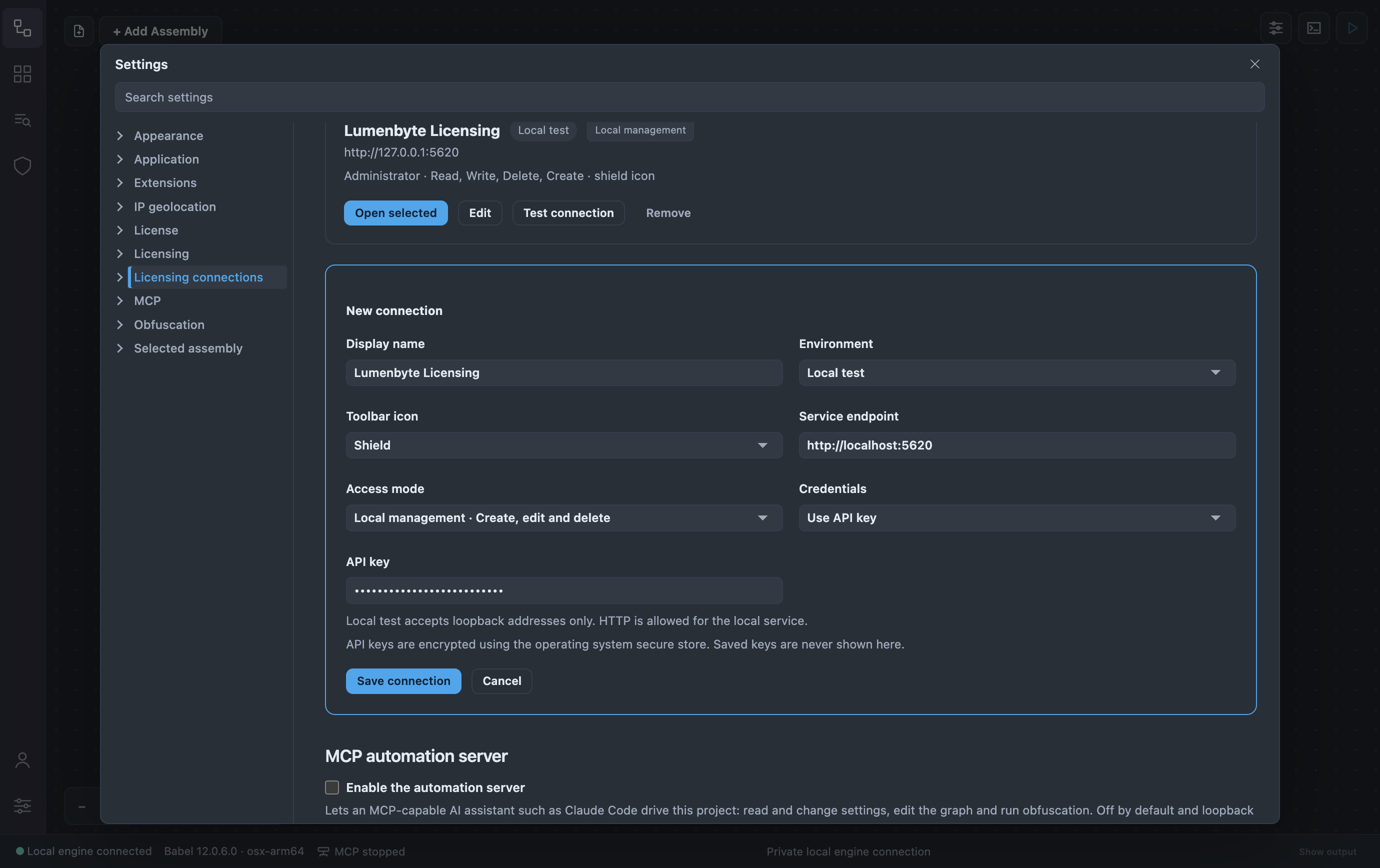 New connection form filled in: Display name Lumenbyte Licensing, Environment Local test, Toolbar icon Shield, Service endpoint http://localhost:5620, Access mode Local management, Credentials Use API key, a masked API key and the Save connection and Cancel buttons