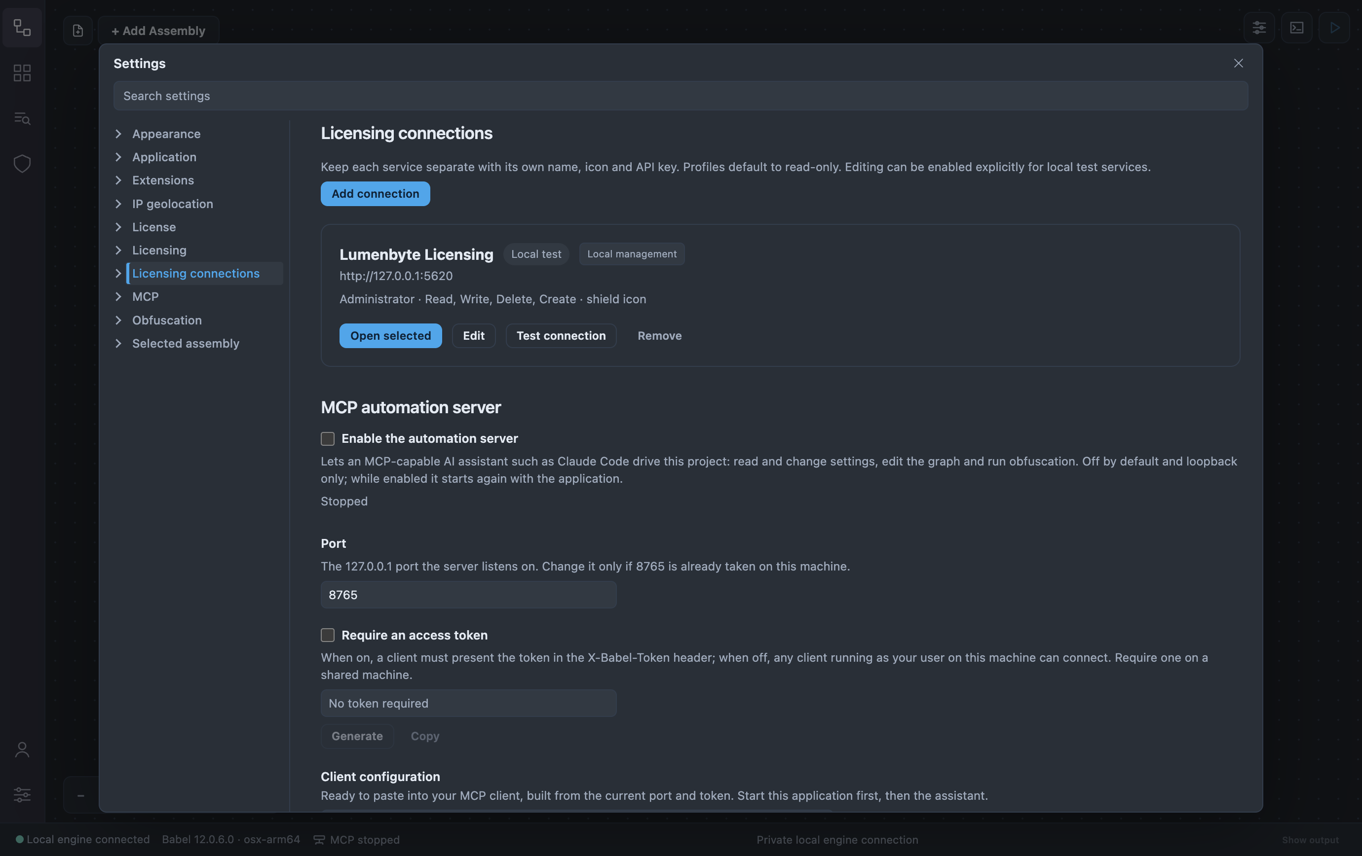 Saved connection profile card: Lumenbyte Licensing with the Local test and Local management badges, the endpoint http://127.0.0.1:5620, Administrator with Read, Write, Delete and Create permissions, and the Open selected, Edit, Test connection and Remove buttons. The shield icon of the profile is in the activity bar