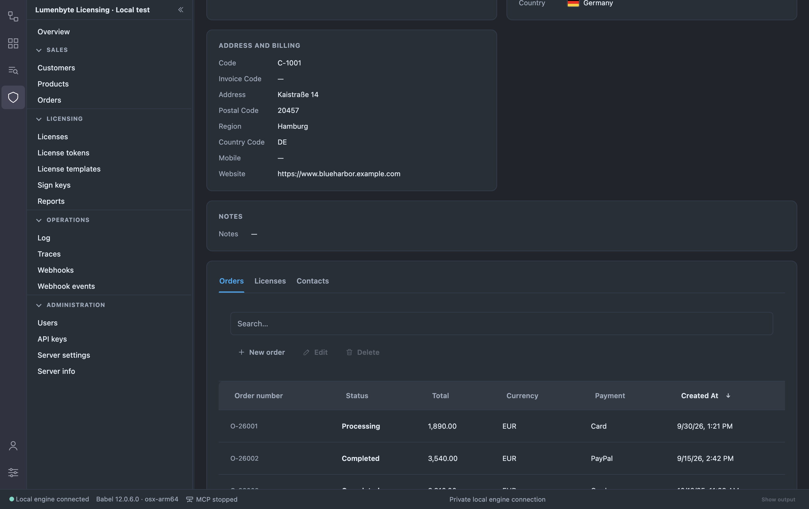 Customer detail of Blue Harbor Automation GmbH scrolled to the Address and billing and Notes cards, with the Orders, Licenses and Contacts tabs below: the Orders tab lists the orders of the customer with their status, total and payment, and has its own New order, Edit and Delete buttons