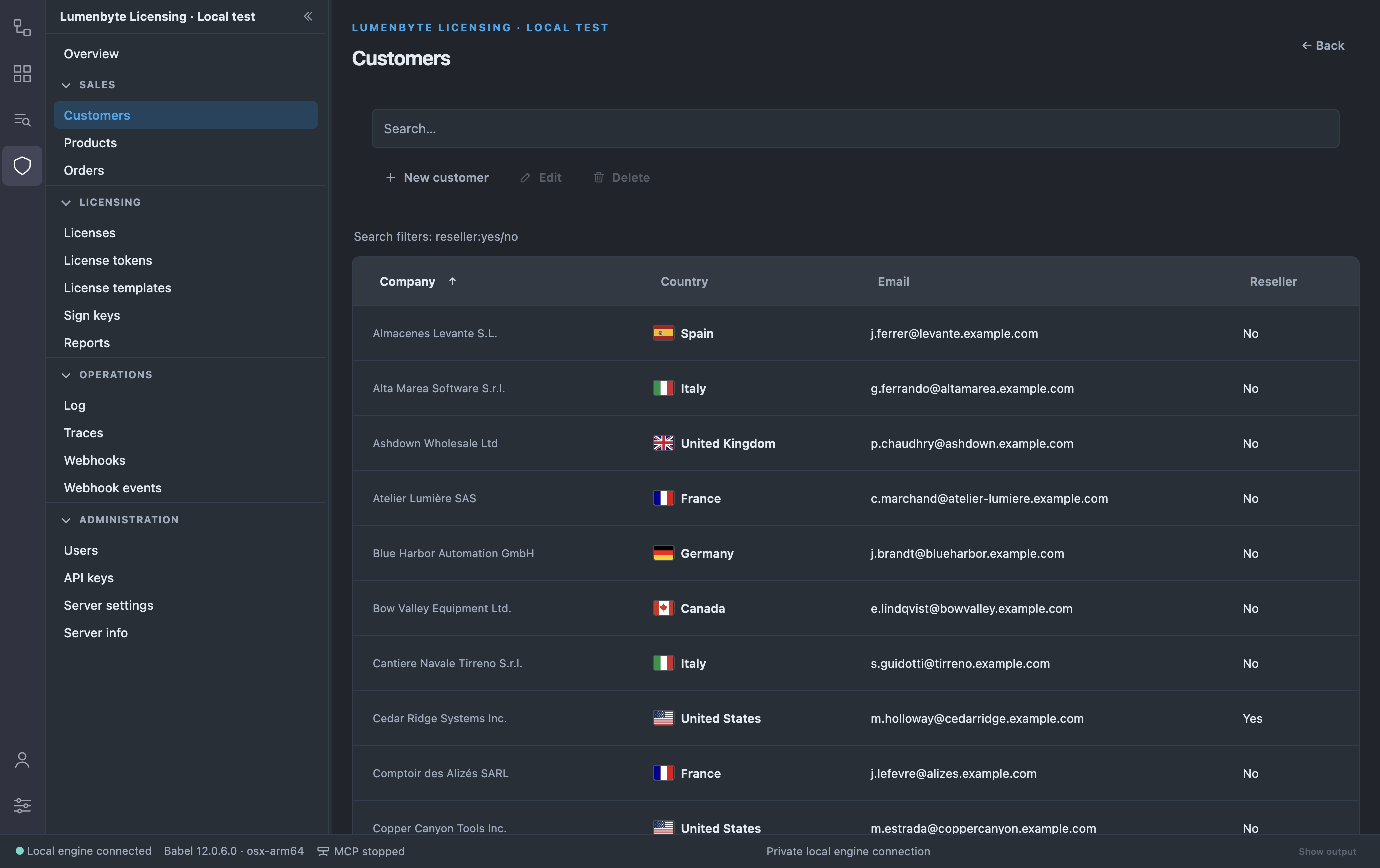 Customers list: the search box, the New customer, Edit and Delete toolbar buttons, the reseller:yes/no filter hint and the Company, Country with flags, Email and Reseller columns