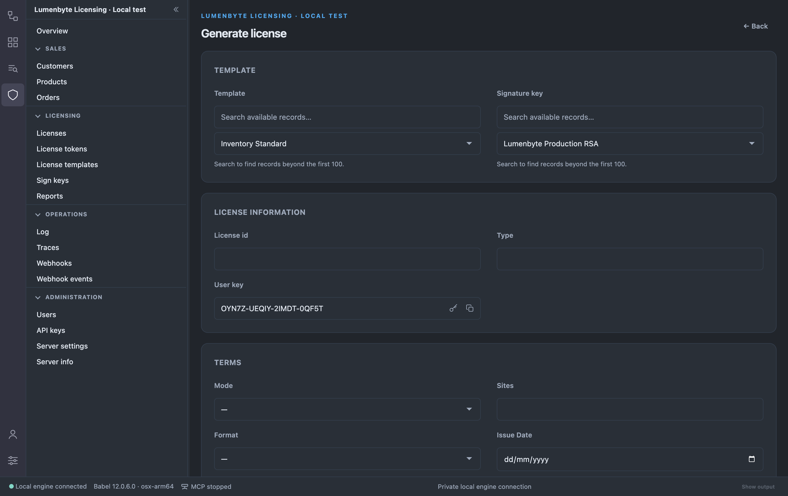 Generate license form with the template Inventory Standard and the signature key Lumenbyte Production RSA selected, the License information group with license id, type and a generated user key with its generate and copy buttons, and the start of the Terms group with mode, sites, format and issue date