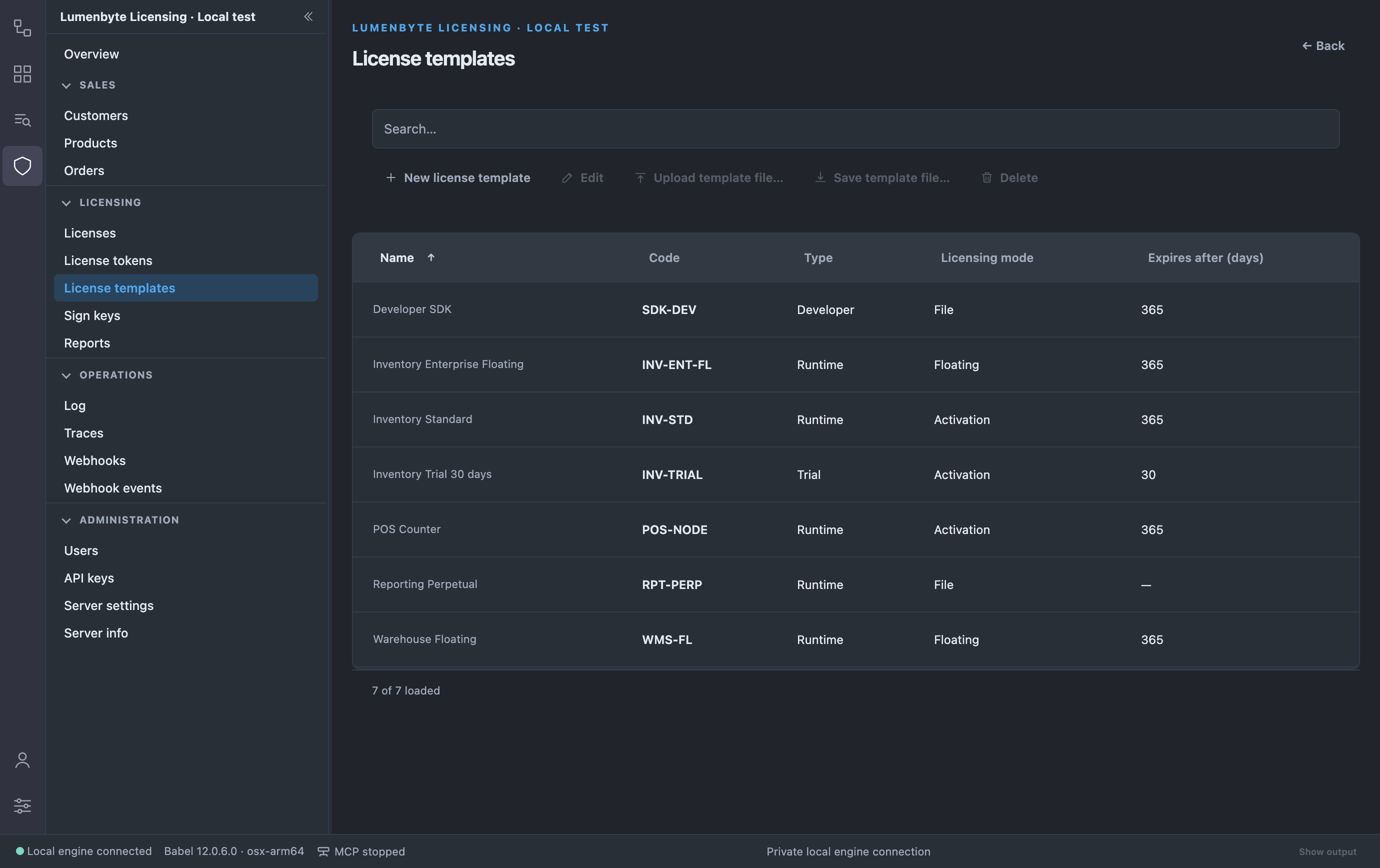 License templates list with name, code, type, licensing mode (File, Activation, Floating) and expires after days columns, and the New license template, Edit, Upload template file, Save template file and Delete buttons
