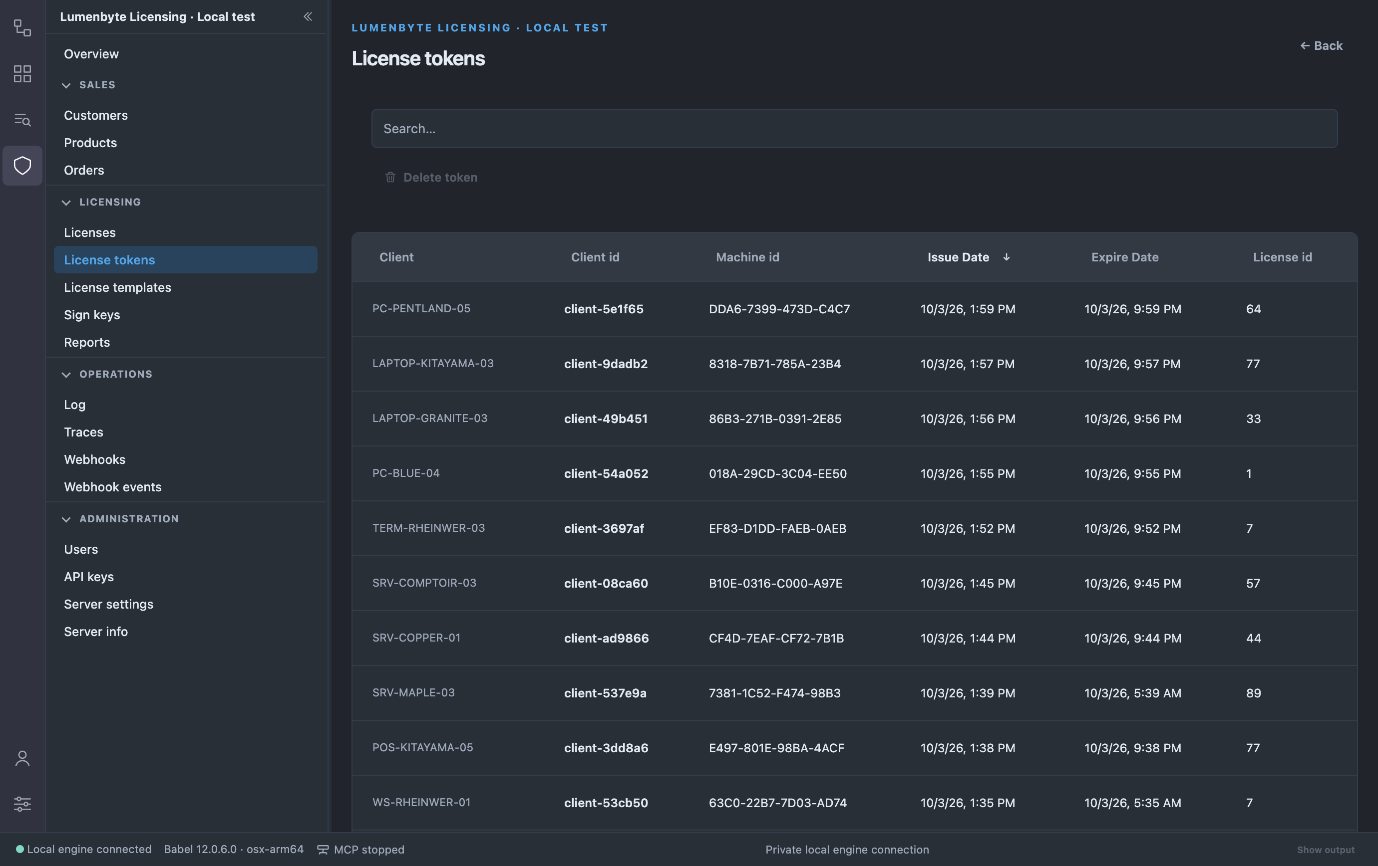 License tokens list with client, client id, machine id, issue and expire date and license id columns, and the Delete token button