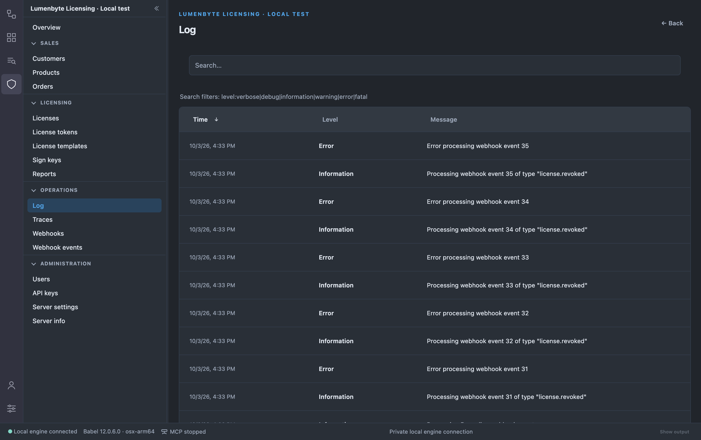 Log view with the time, level and message columns, the latest entries of the service, and the level filter hint verbose, debug, information, warning, error, fatal