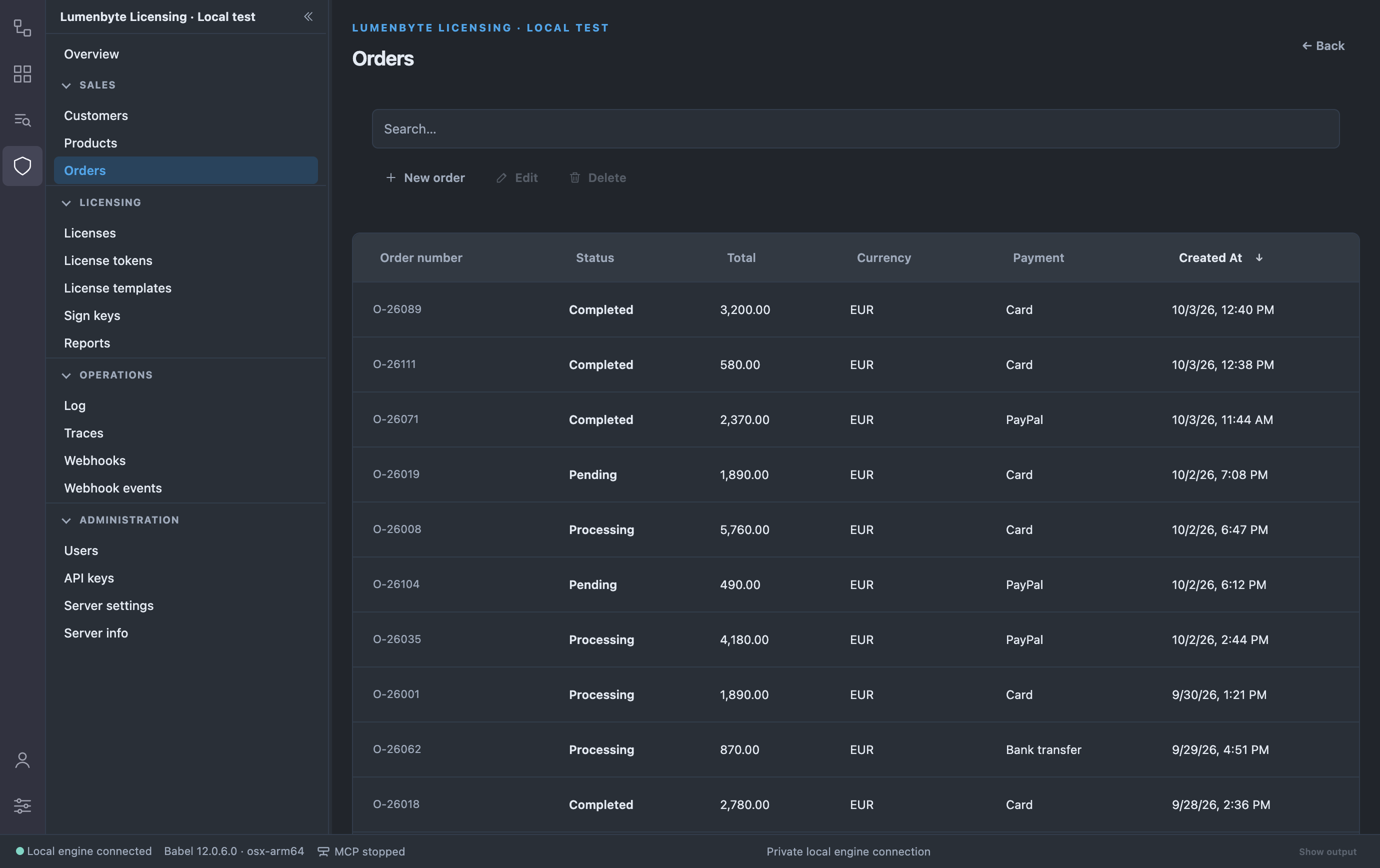 Orders list with order number, status (Pending, Processing, Completed, Refunded), total, currency, payment and creation date, sorted with the newest order first
