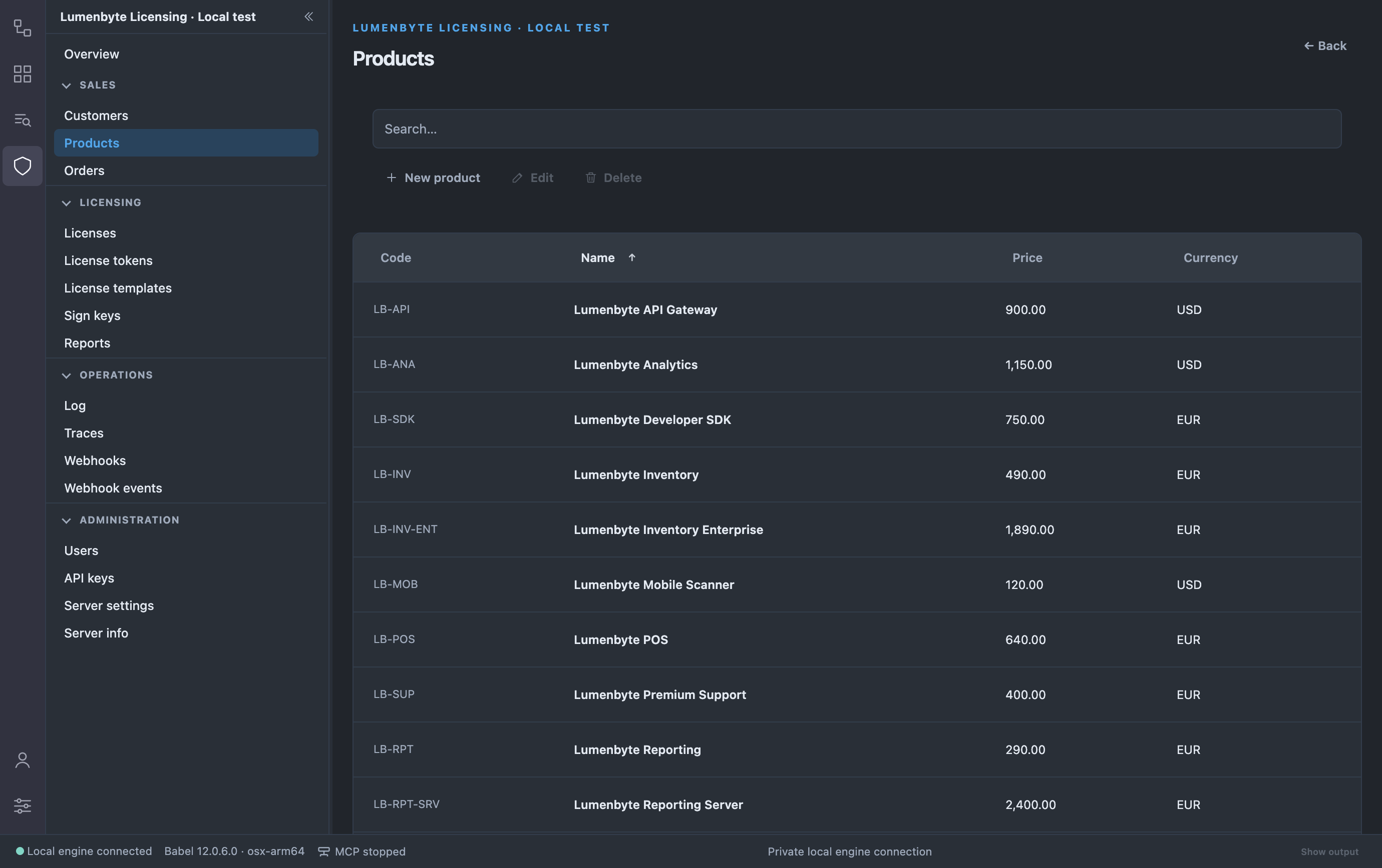 Products list with the code, name, price and currency of twelve fictional Lumenbyte products, and the New product, Edit and Delete buttons