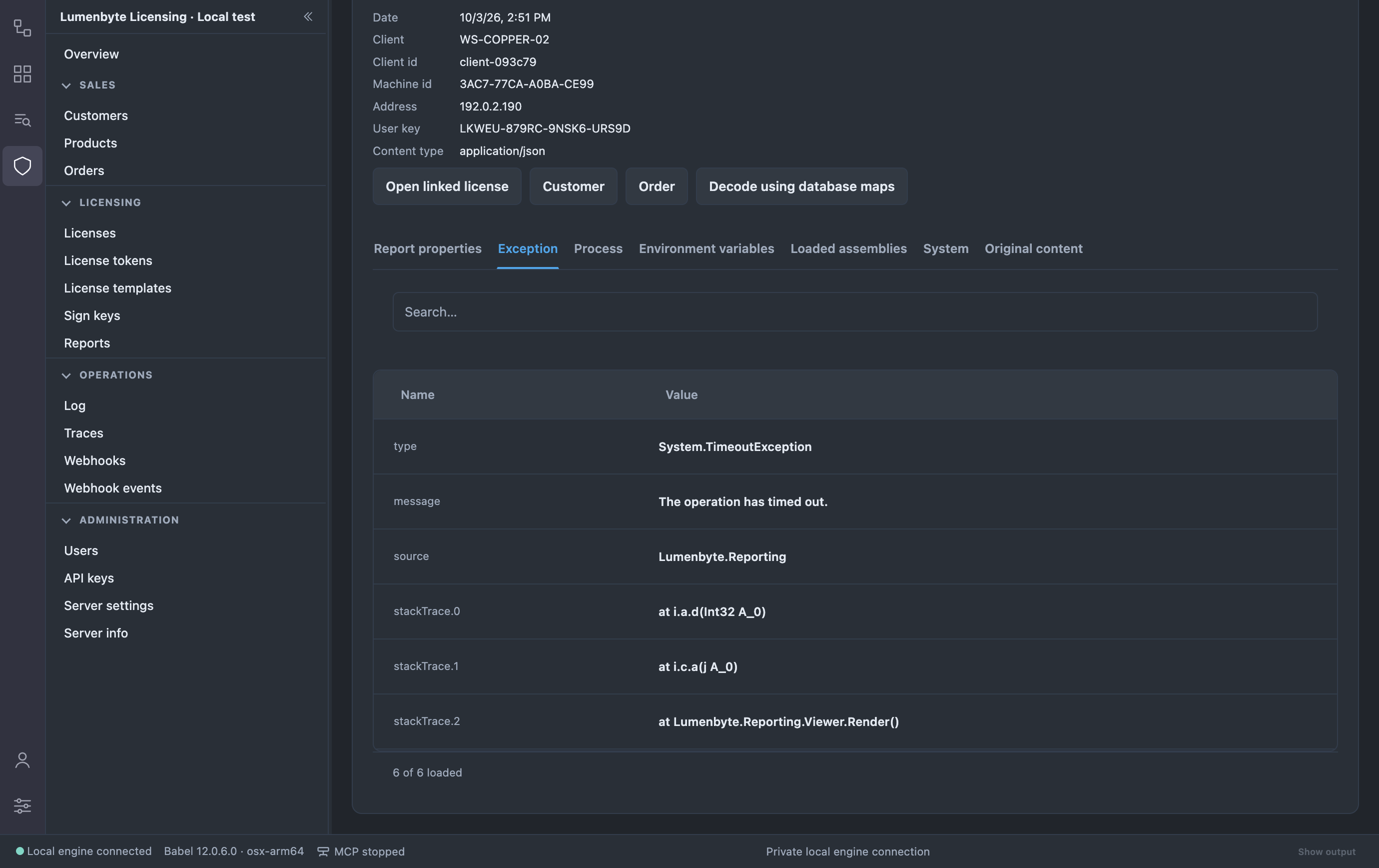 Exception tab of a report with the System.TimeoutException type, the message, the source Lumenbyte.Reporting and three stack trace frames, two of them with obfuscated names