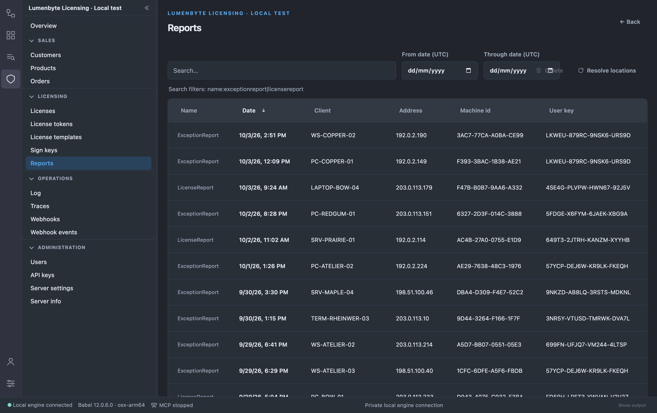 Reports list with the search box, the From date and Through date UTC filters, the Delete and Resolve locations actions, the name filter hint and the Name, Date, Client, Address, Machine id and User key columns