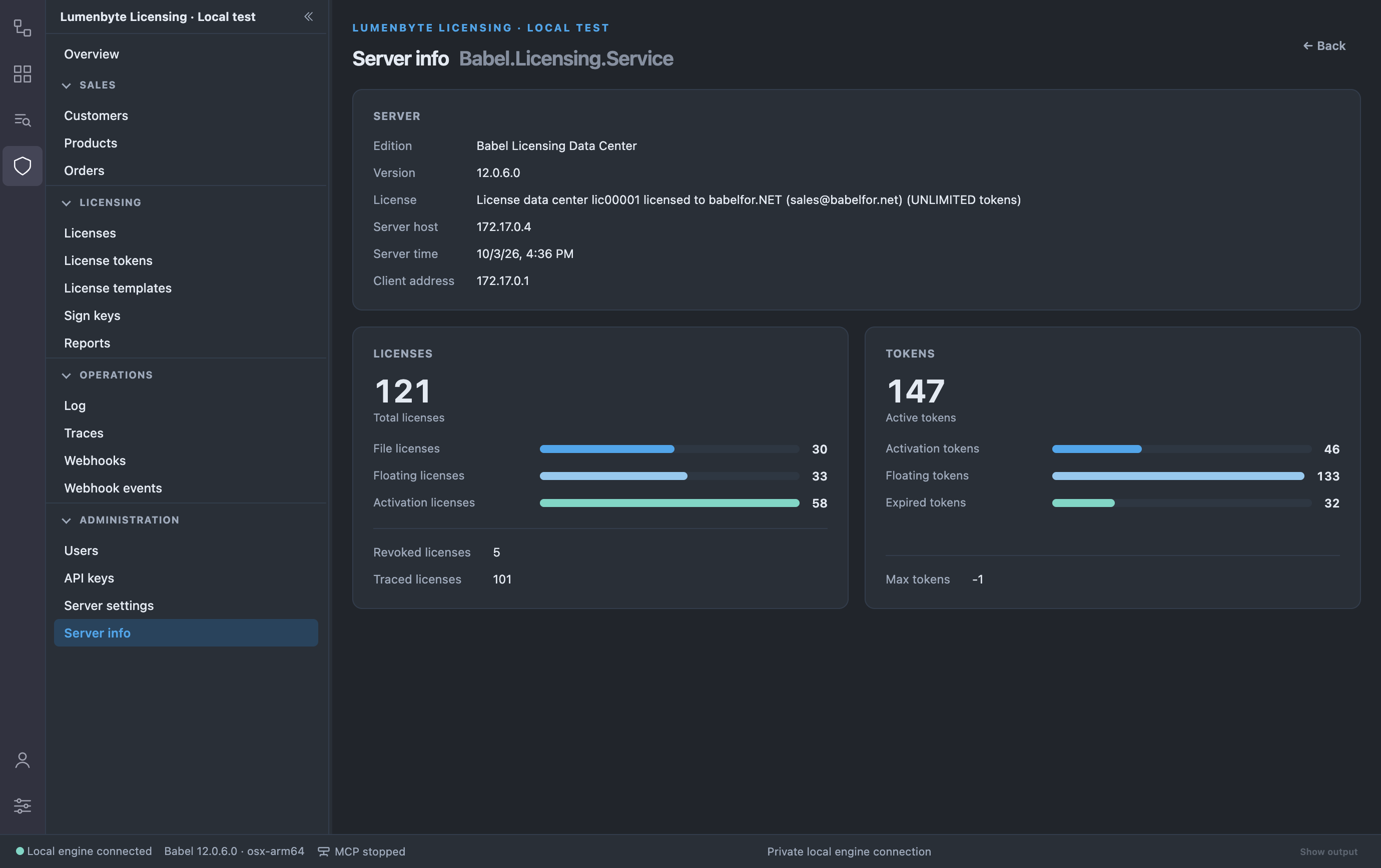 Server info: Babel Licensing Data Center edition, version 12.0.6.0, the service license with unlimited tokens, server host and time, 121 licenses by mode with the revoked and traced counts, and 147 active tokens with the activation, floating and expired counts