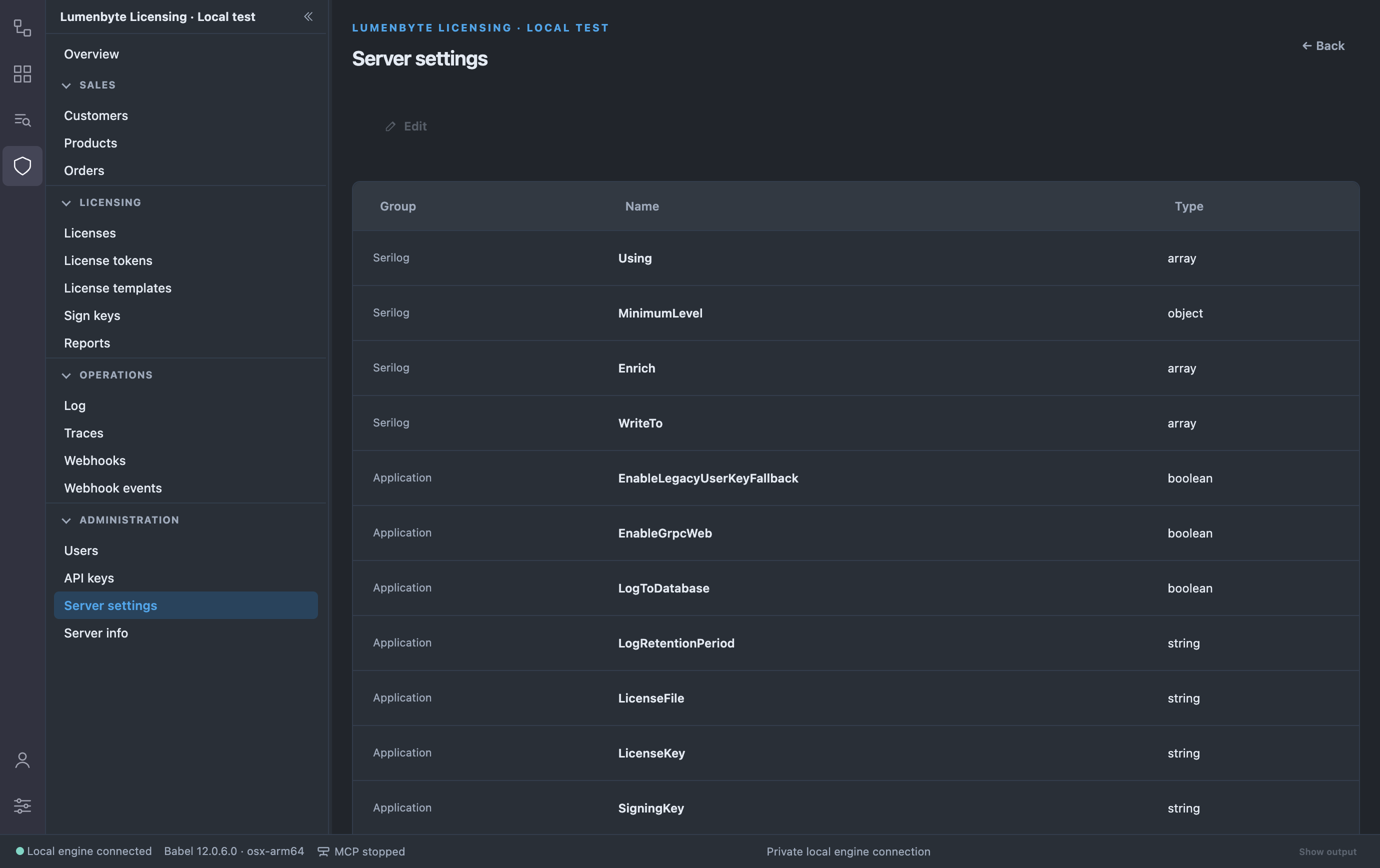 Server settings view with the Group, Name and Type columns, the Serilog settings Using, MinimumLevel, Enrich and WriteTo at the top, and the Edit button