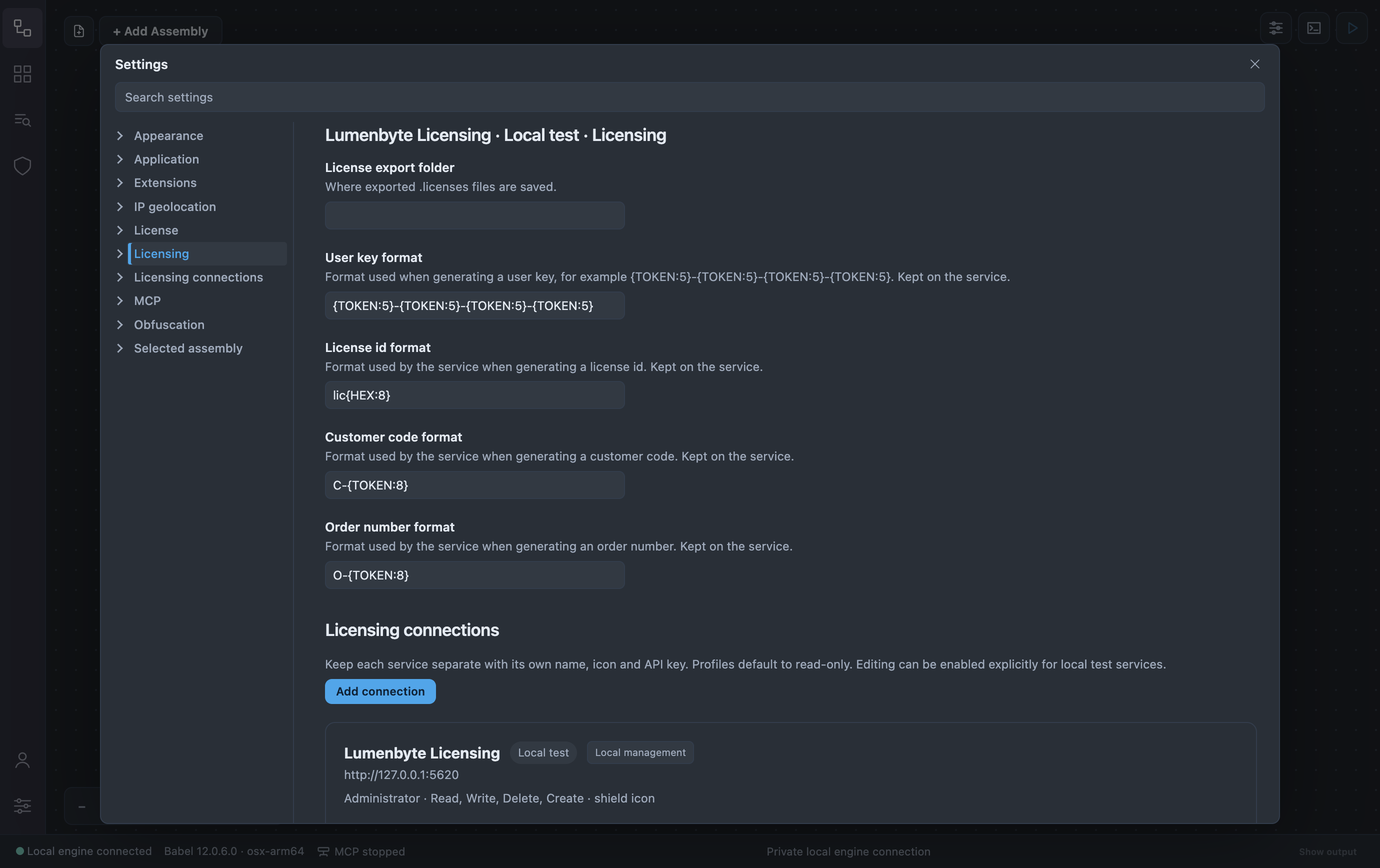 Settings dialog on the category Lumenbyte Licensing · Local test · Licensing, with the License export folder, the User key format {TOKEN:5}-{TOKEN:5}-{TOKEN:5}-{TOKEN:5}, the License id format lic{HEX:8}, the Customer code format C-{TOKEN:8} and the Order number format O-{TOKEN:8}, above the Licensing connections section
