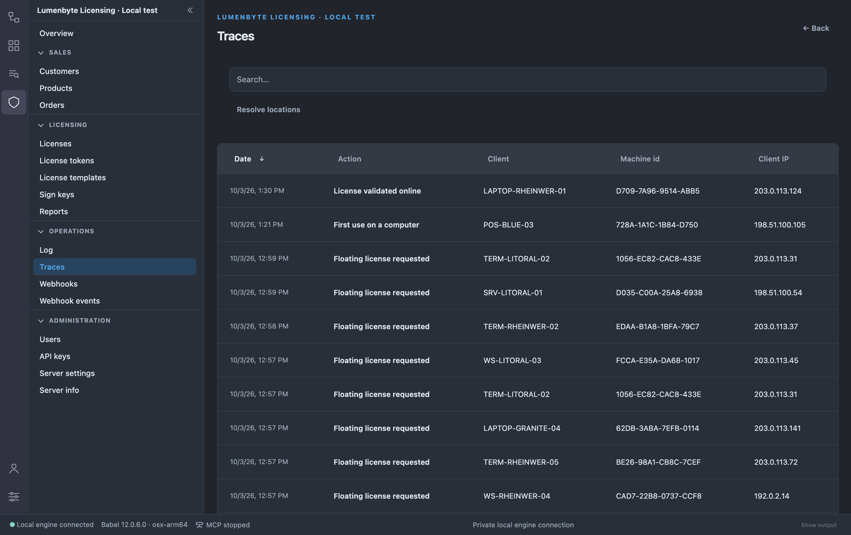 Traces list with date, action such as Floating license requested and Floating license released, client, machine id and client IP address columns, and the Resolve locations action