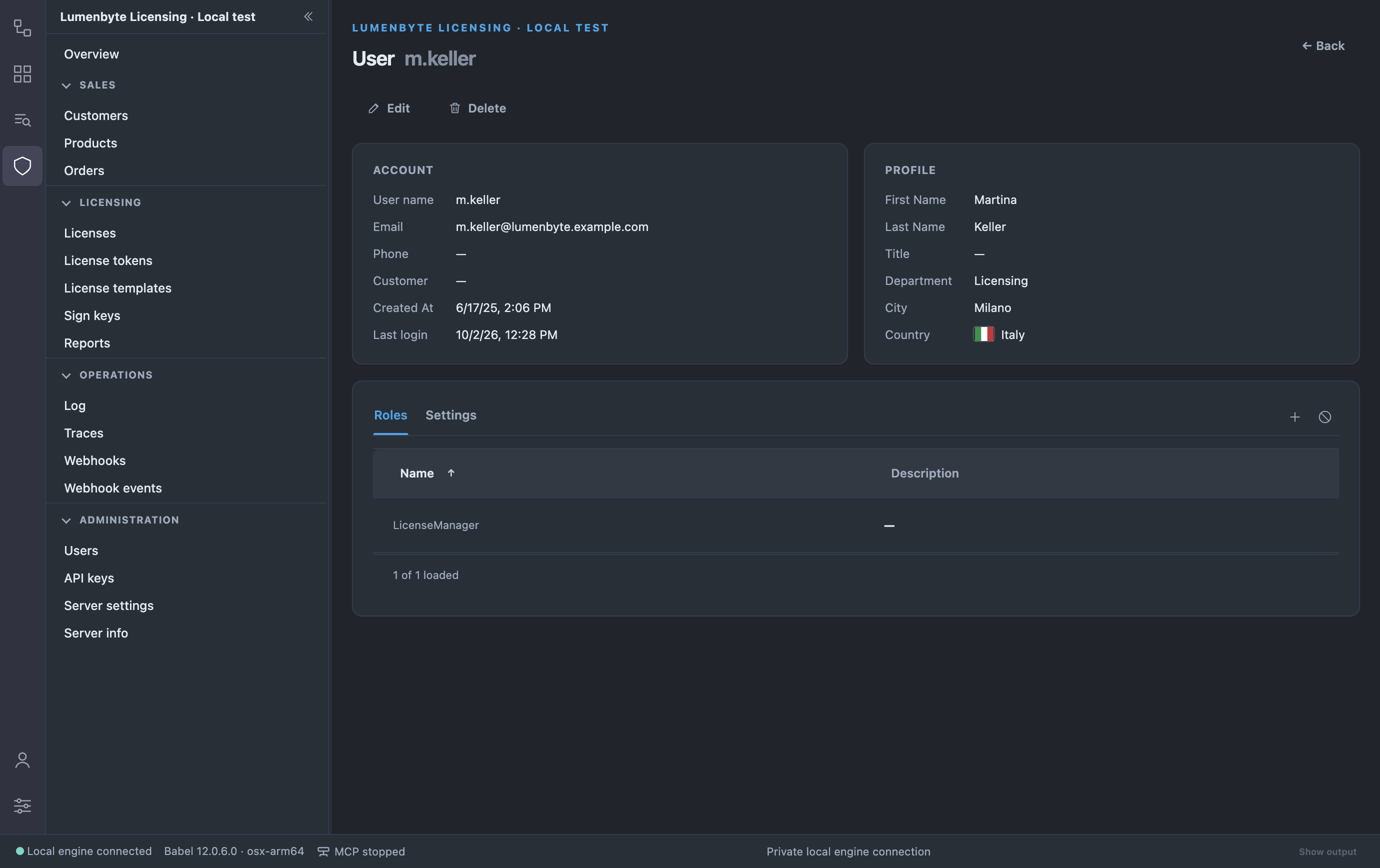 User detail m.keller with the Account and Profile cards and the Roles tab showing the LicenseManager role, with the buttons that add and remove a role, next to the Settings tab