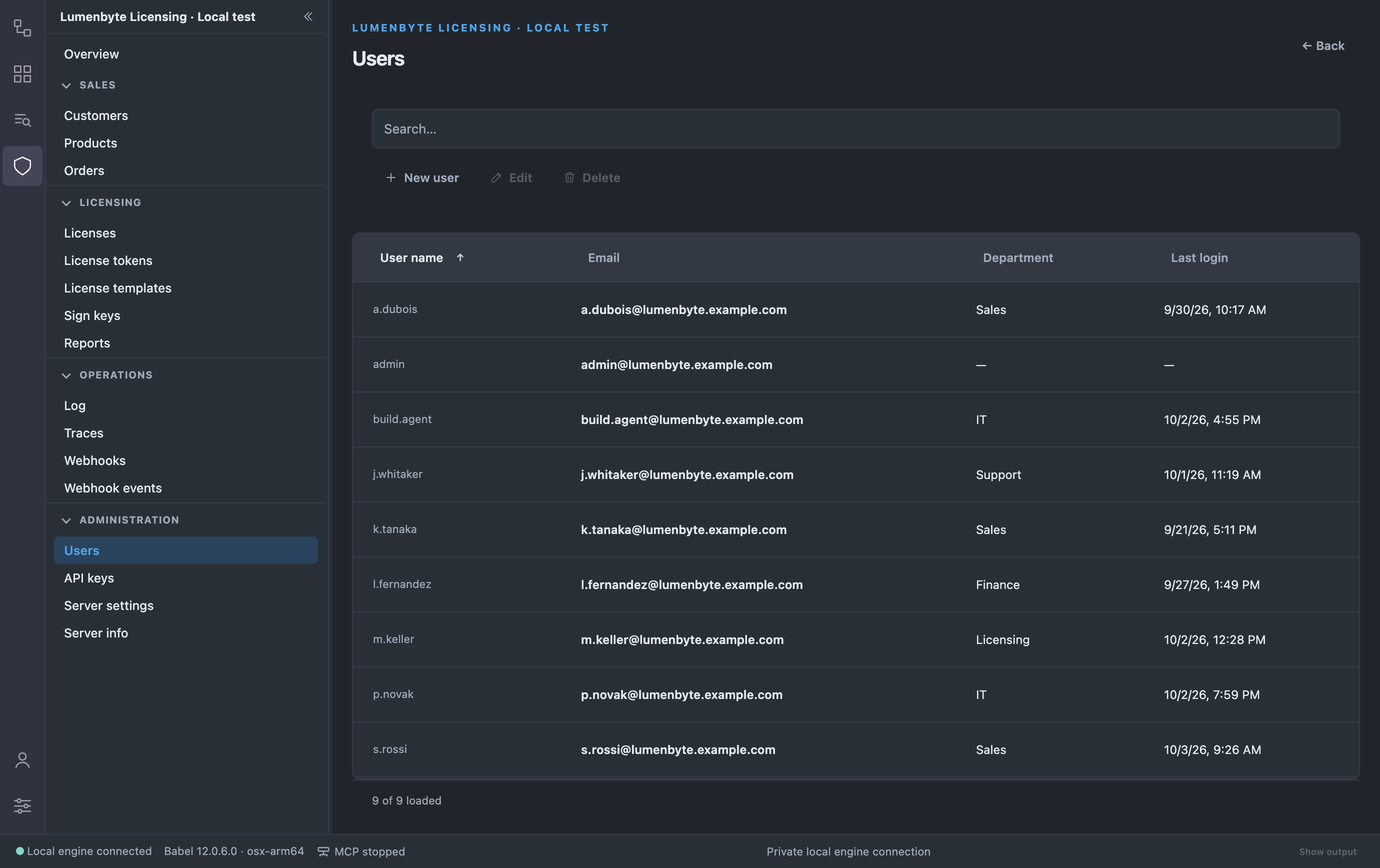 Users list with nine fictional users with lumenbyte.example.com email addresses, department and last login, and the New user, Edit and Delete buttons