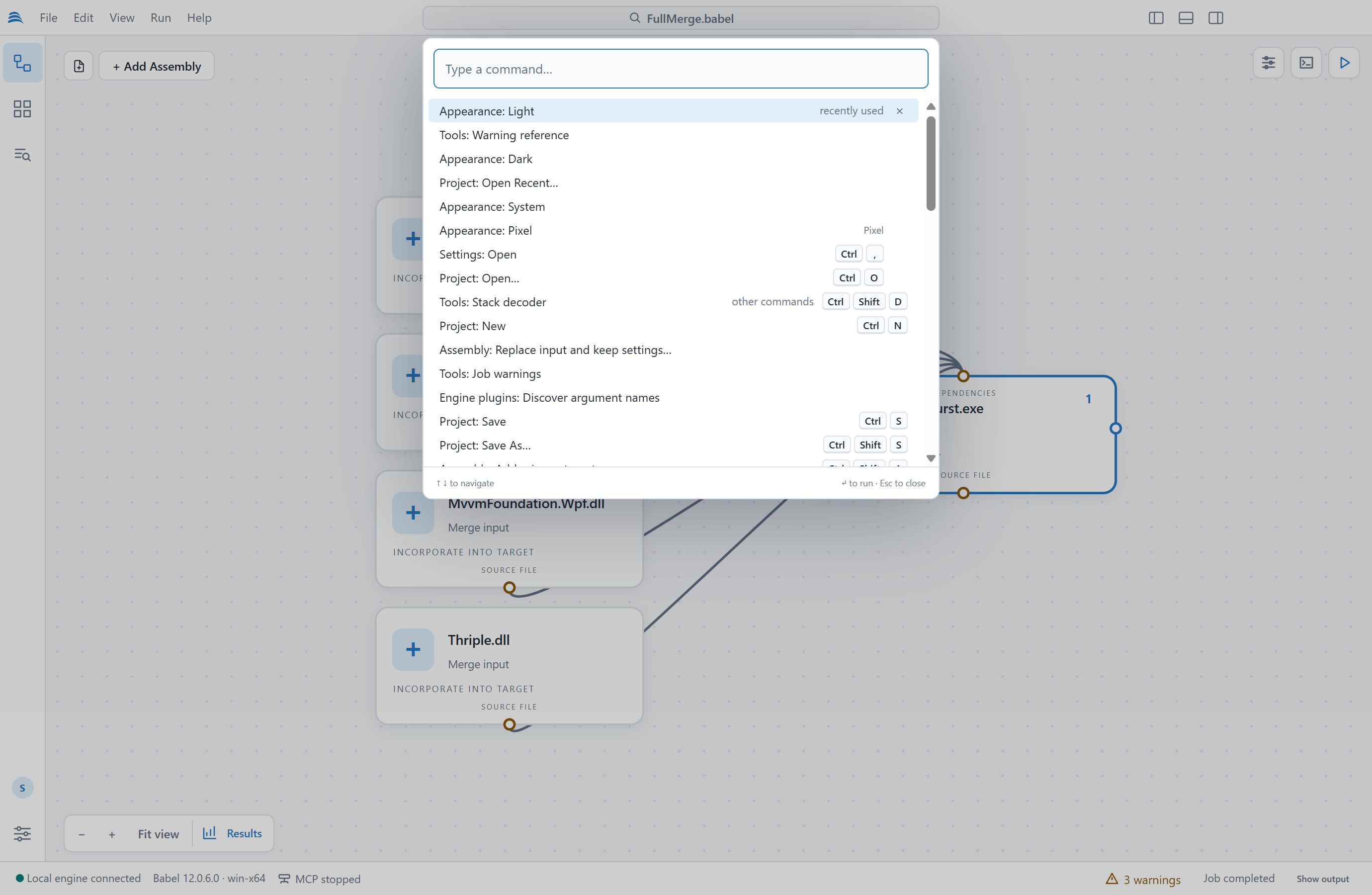 Command palette open over the project canvas, with Project: Open... marked as recently used, followed by Project: Open Recent..., Tools: Stack decoder, Tools: Warning reference, Project: New, Assembly: Replace input and keep settings..., the Project Save commands and the Assembly commands, each with its keyboard shortcut