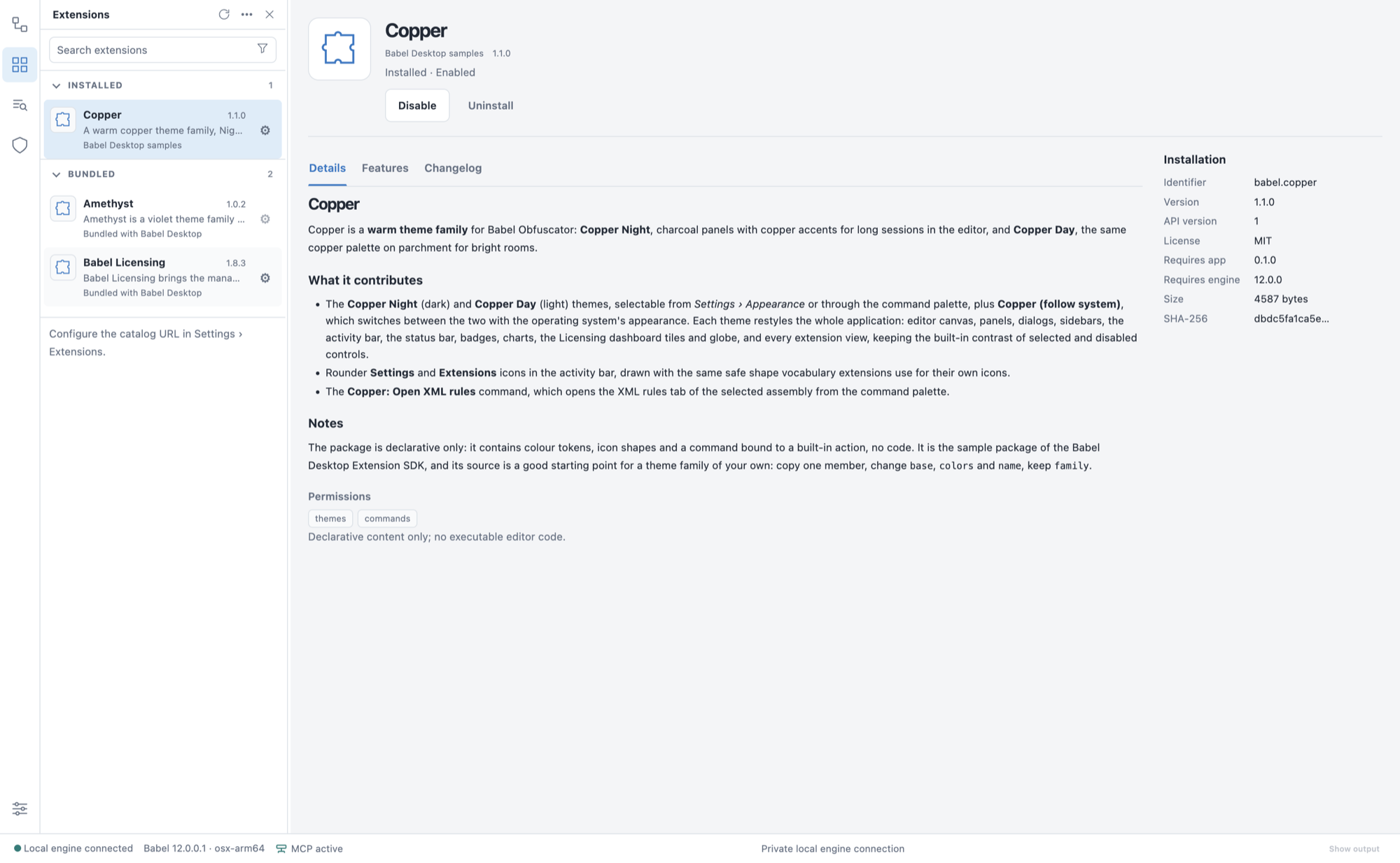 Page of the installed Copper theme extension: README describing Copper Night, Copper Day and the Open XML rules command, the themes and commands permissions, the MIT license and the SHA-256 hash