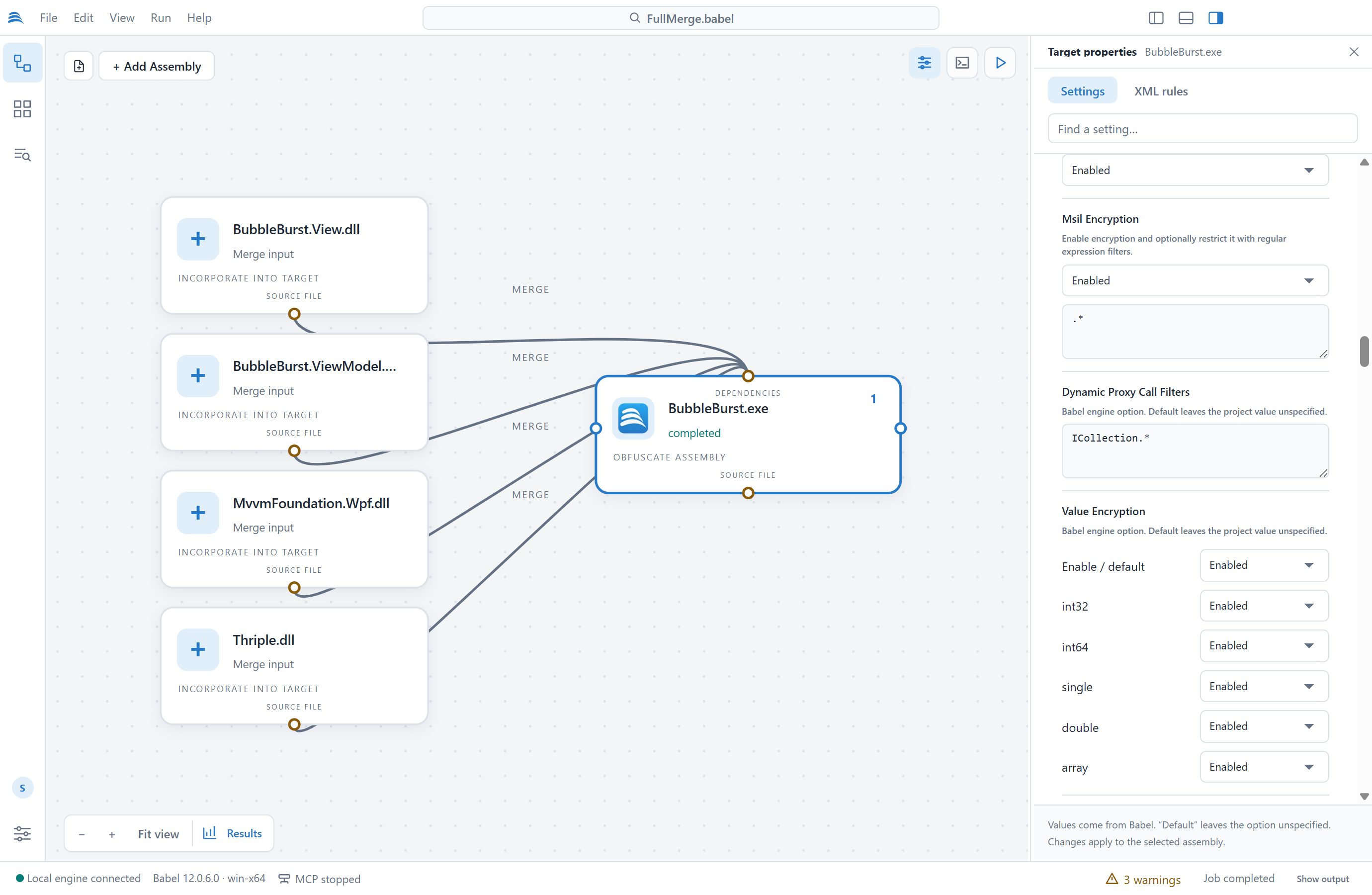 Properties panel on the Code encryption group: String Encryption enabled, Msil Encryption enabled with the filter .*, Dynamic Proxy Call Filters set to ICollection.* and Value Encryption with int32, int64, single, double and array enabled