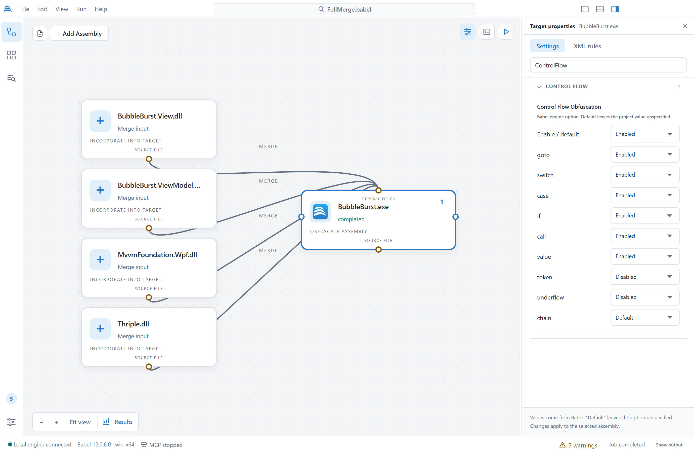 Properties panel filtered by ControlFlow: the Control Flow Obfuscation map with enable, goto, switch, case, if, call and value enabled, token and underflow disabled, and chain left at its default