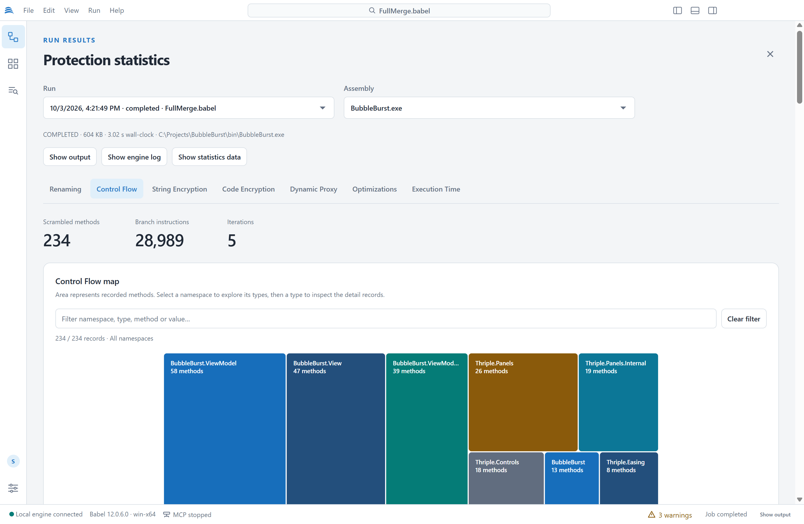 Protection statistics on the Control Flow tab: 234 scrambled methods, 28,990 branch instructions and 5 iterations, and a treemap of the transformed methods by namespace, from BubbleBurst.ViewModel with 58 methods to Thriple.Easing with 8