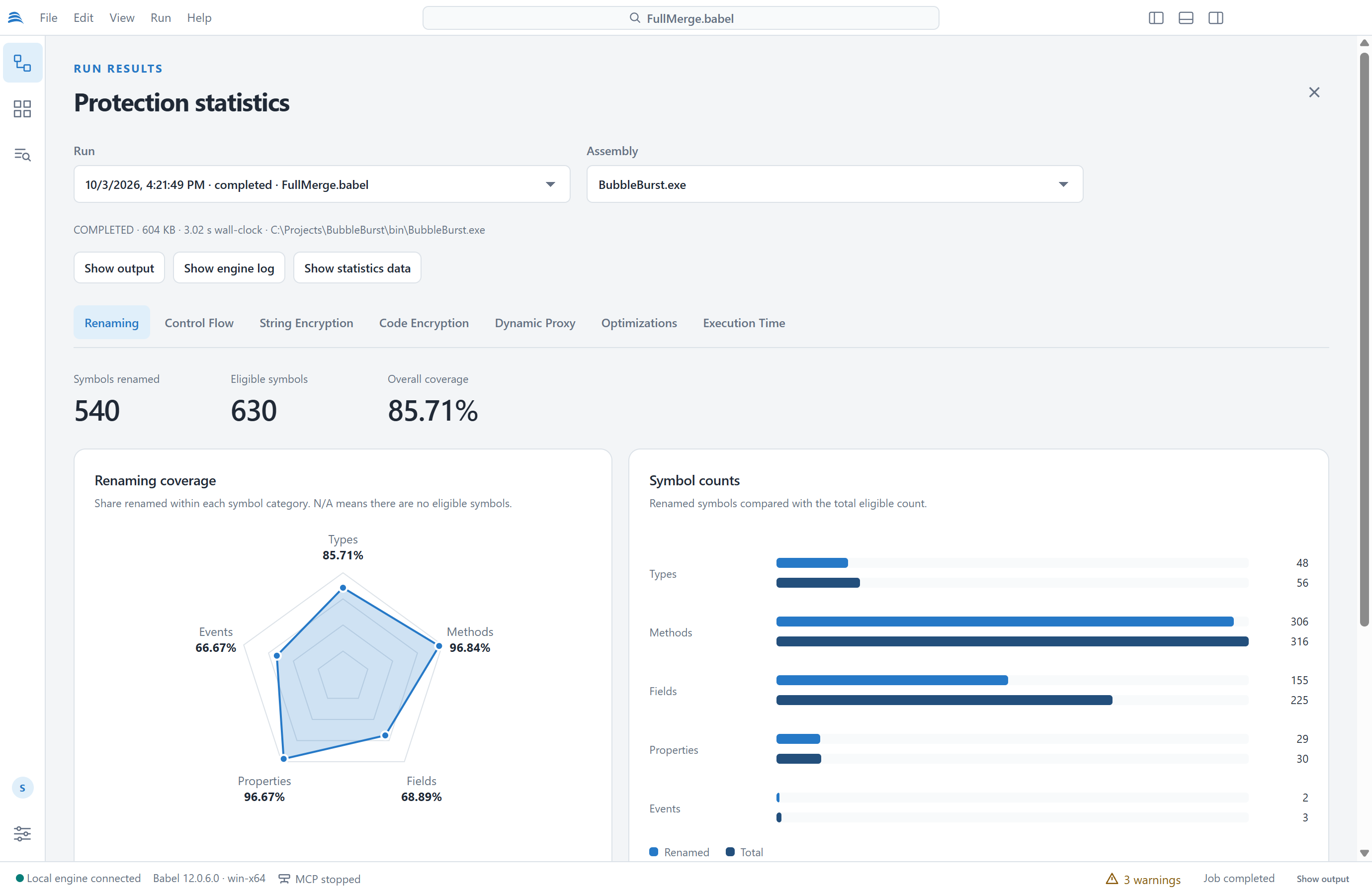 Protection statistics on the Renaming tab: 540 of 630 symbols renamed (85.71 percent), a radar chart of the coverage by symbol category and symbol count bars, the run and assembly pickers and the Show output, Show engine log and Show statistics data buttons
