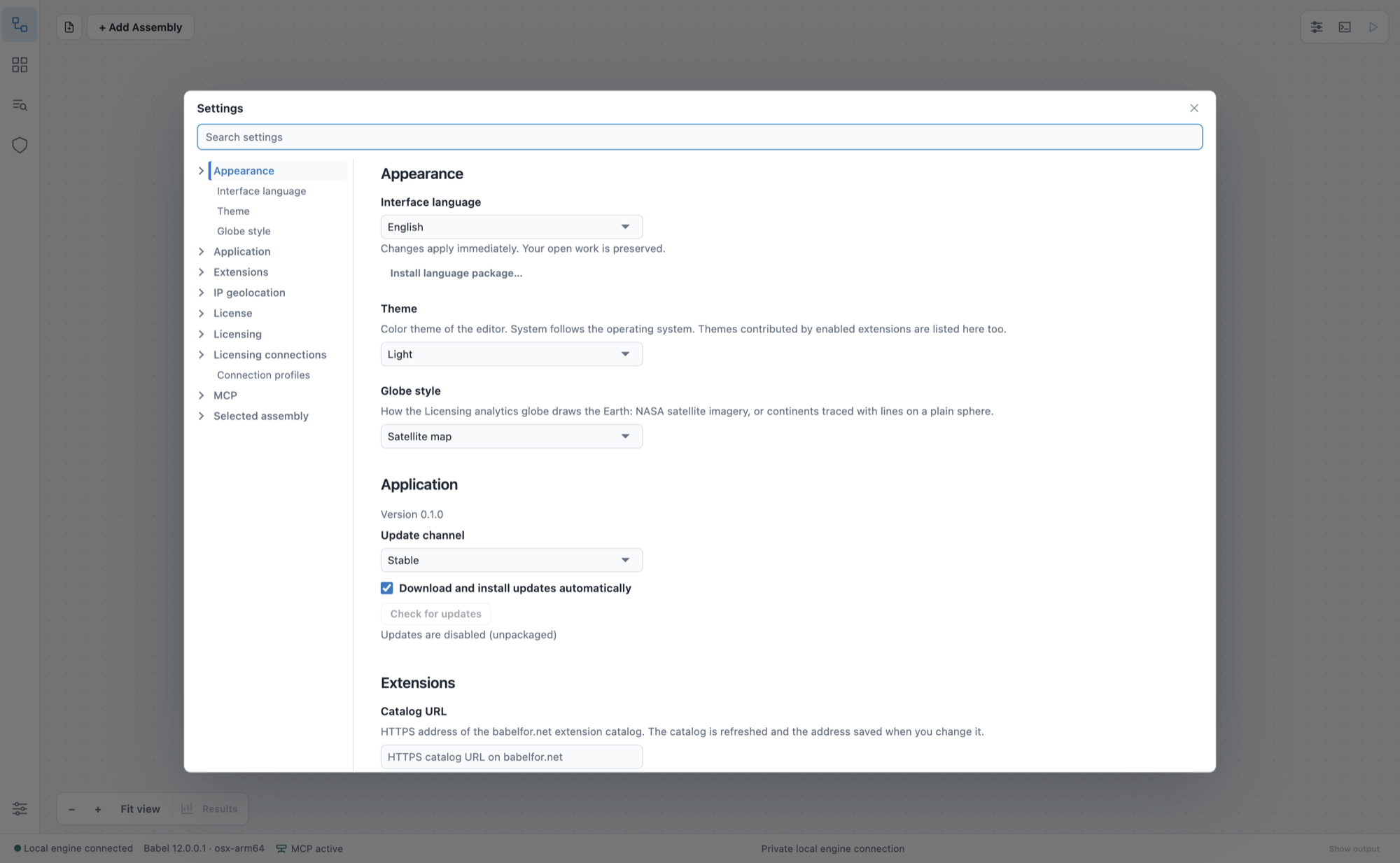 Settings dialog in the light theme with the Appearance category (Interface language English, Install language package, Theme Light, Globe style) and the Application category (Version, the automatic download and install check box, the Check for updates button and the status Updates are disabled (unpackaged))