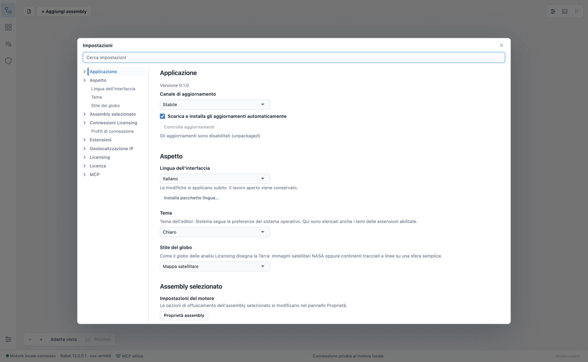Settings dialog after switching the Interface language to Italiano: the whole interface is localized, with Impostazioni, Aspetto and Tema Chiaro