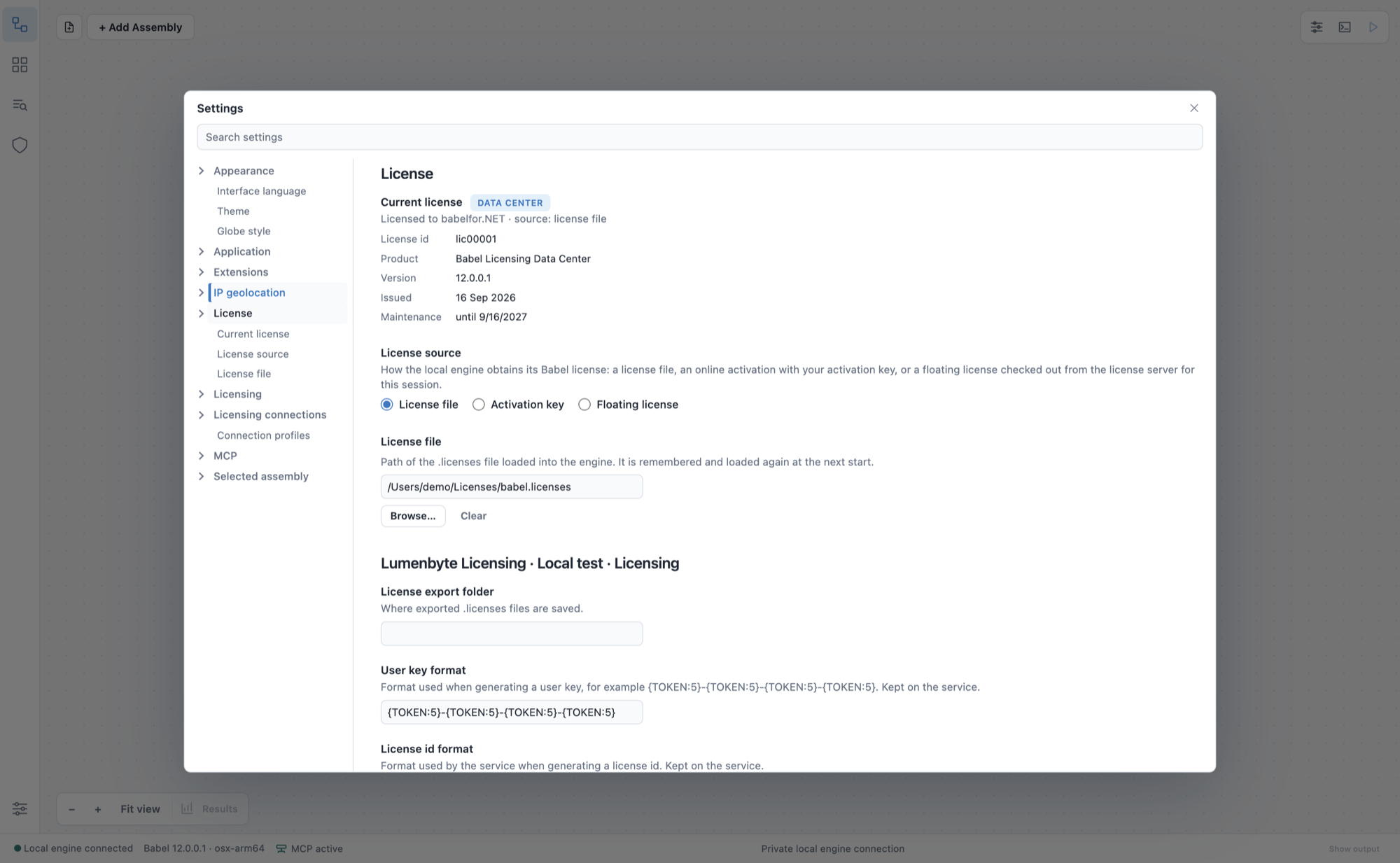 Settings dialog on the License page: a Data Center license badge, the license id, product, version and maintenance, the License source choice between License file, Activation key and Floating license, and the Licensing settings with the export folder and user key format