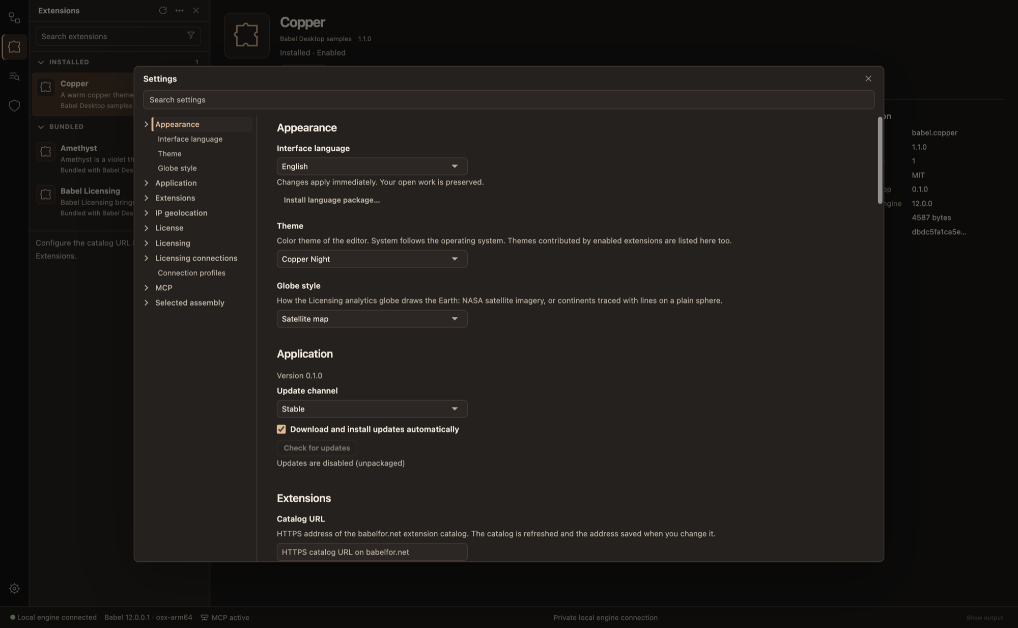 Settings dialog on the Appearance page rendered in the Copper Night theme, with the Interface language, Theme set to Copper Night, Globe style settings and the Application category