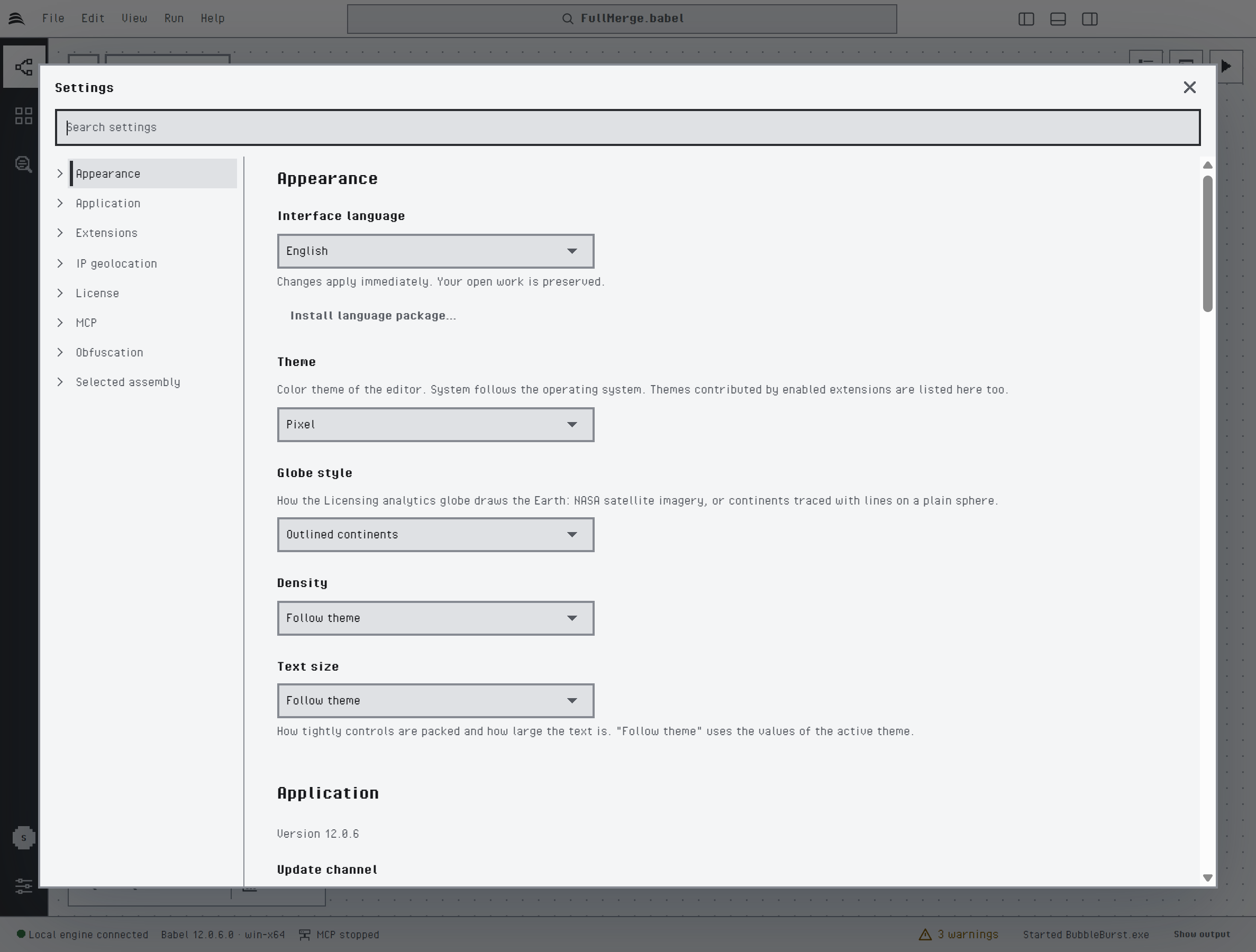 Settings dialog on the Appearance page in the Pixel theme, with Interface language set to English, Theme set to Pixel, Globe style, and Density and Text size both on Follow theme