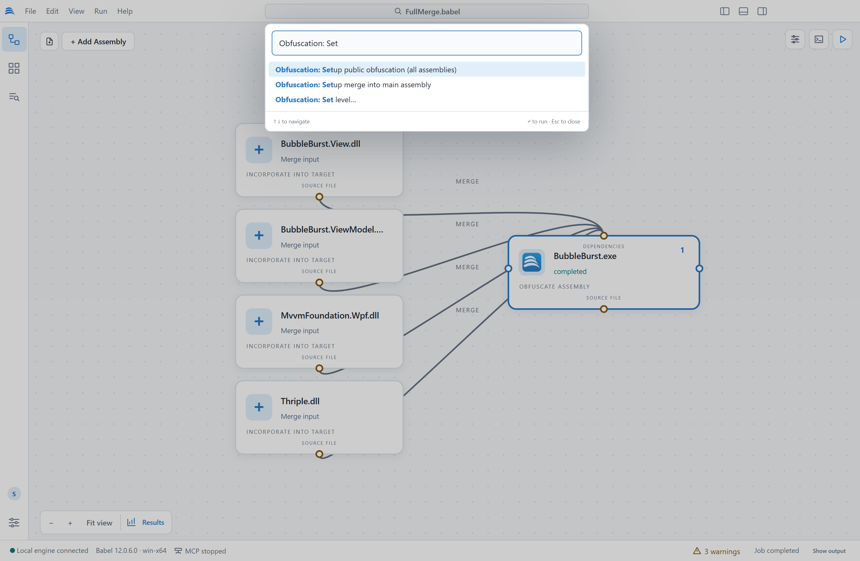 Command palette filtered by Obfuscation: Set, listing Obfuscation: Setup public obfuscation (all assemblies), Obfuscation: Setup merge into main assembly and Obfuscation: Set level...