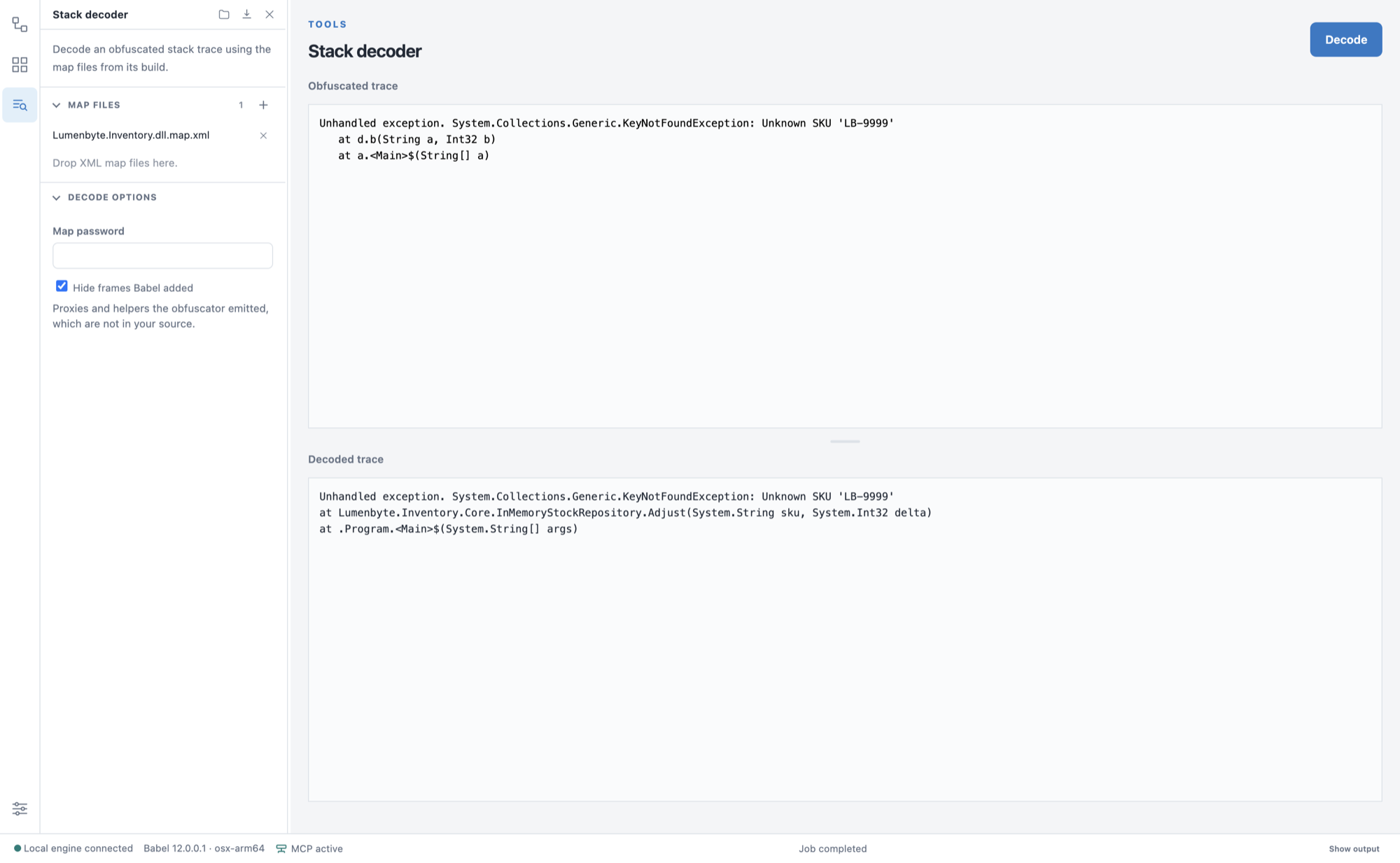 Stack decoder with the map file Lumenbyte.Inventory.dll.map.xml loaded, the Map password and hide frames options, an obfuscated trace with frames such as d.b and a.Main, and the decoded trace naming InMemoryStockRepository.Adjust and Program.Main