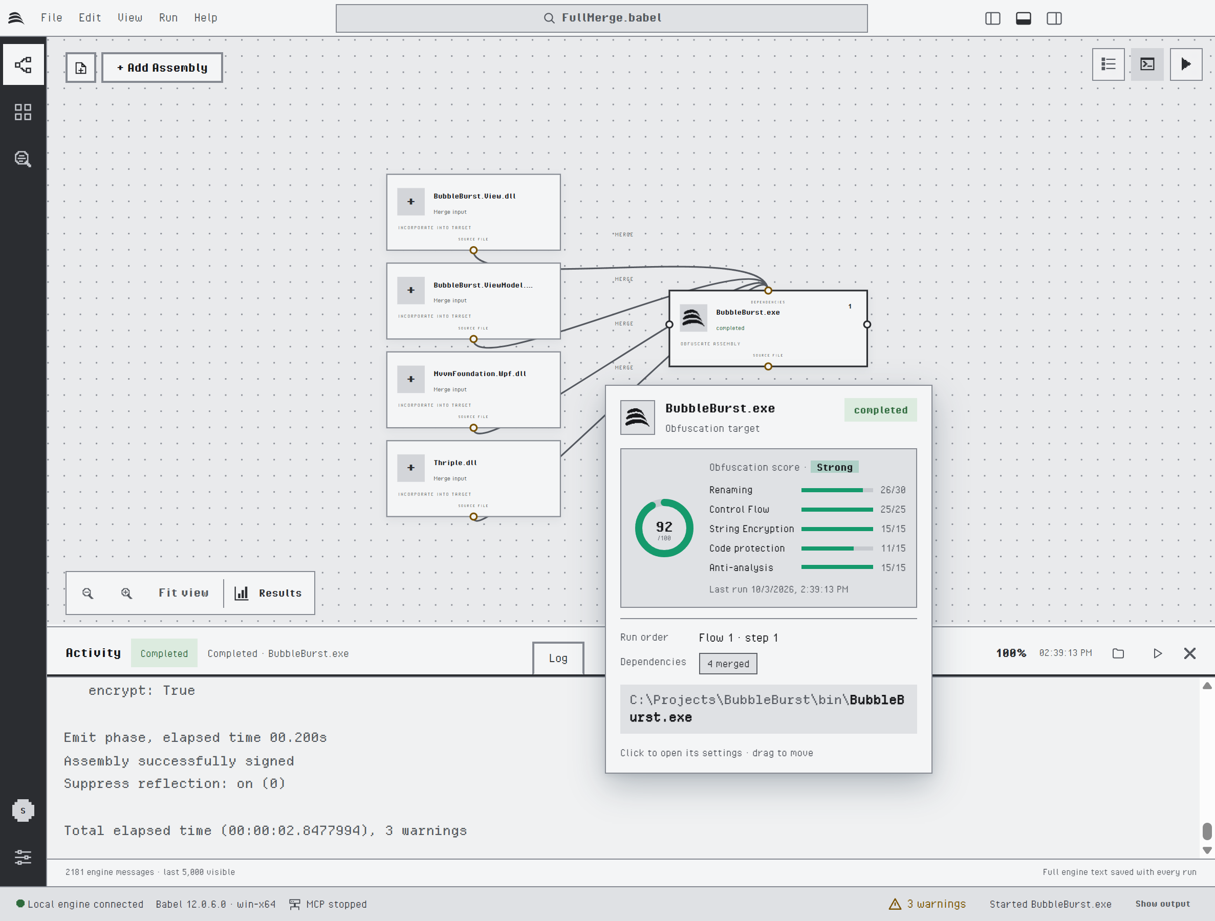 Project canvas in the Pixel theme: light grey panels, a dark grey activity bar, square nodes with thick borders, pixel-art icons and a pixel Babel logo on the target BubbleBurst.exe, whose card shows an obfuscation score of 92 graded Strong, and the Activity panel with the engine log in a monospaced pixel font