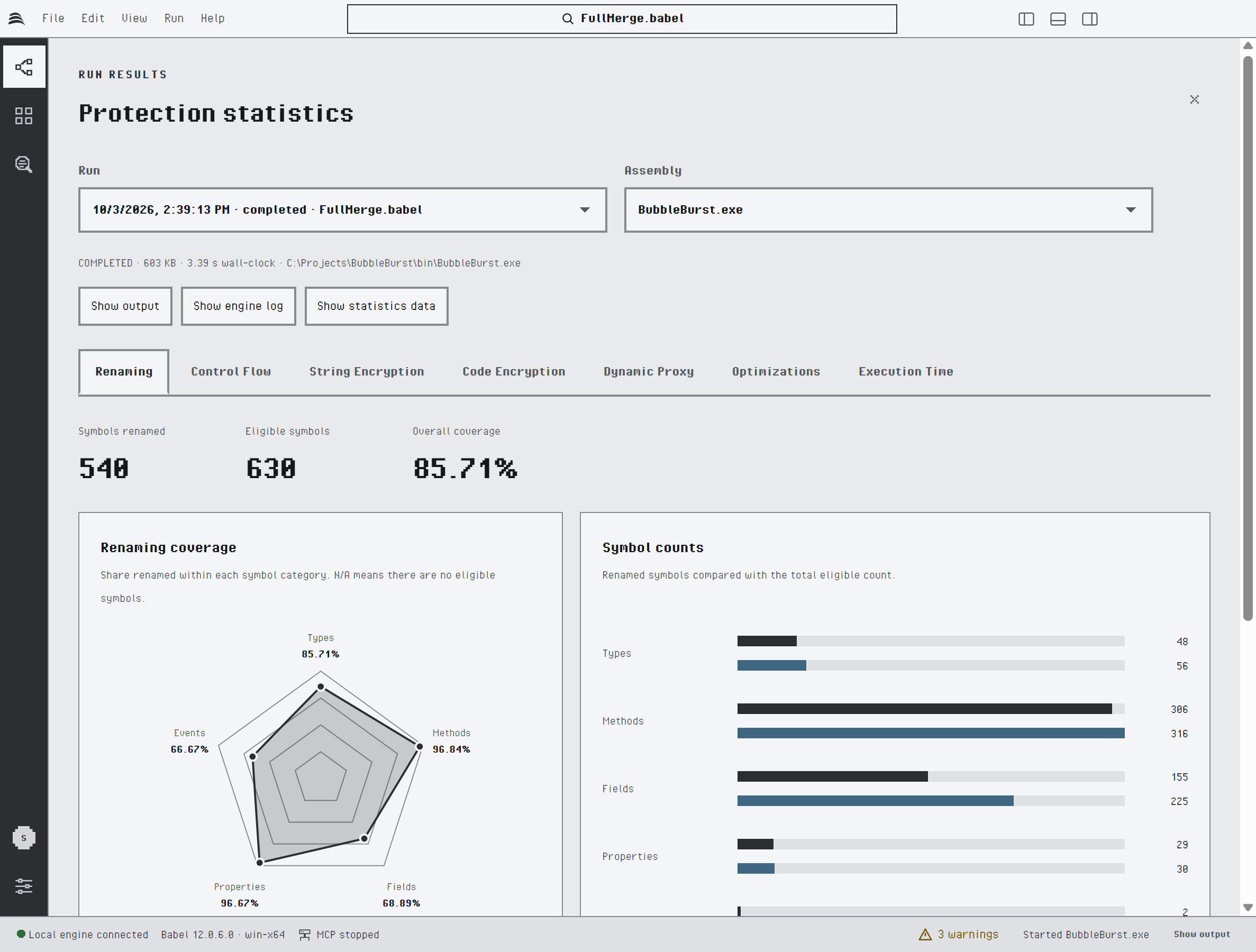 Protection statistics in the Pixel theme: boxed tabs with Renaming selected, the counters 540 symbols renamed, 630 eligible symbols and 85.71 percent coverage in a pixel font, and the radar chart and symbol count bars drawn in dark grey and steel blue