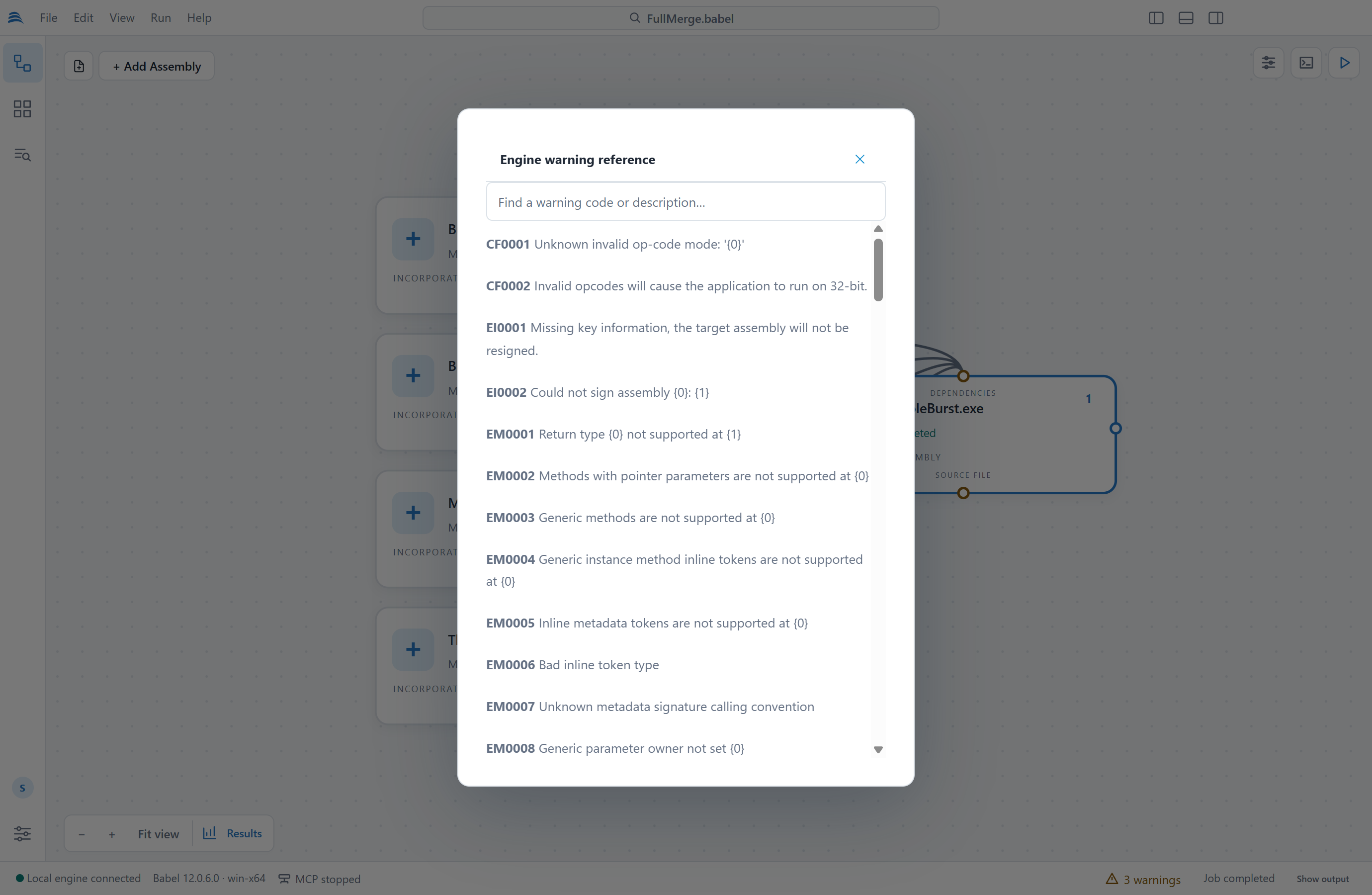 Engine warning reference dialog with a search box and a list of warning codes such as CF0001, CF0002, EI0001 and EM0001