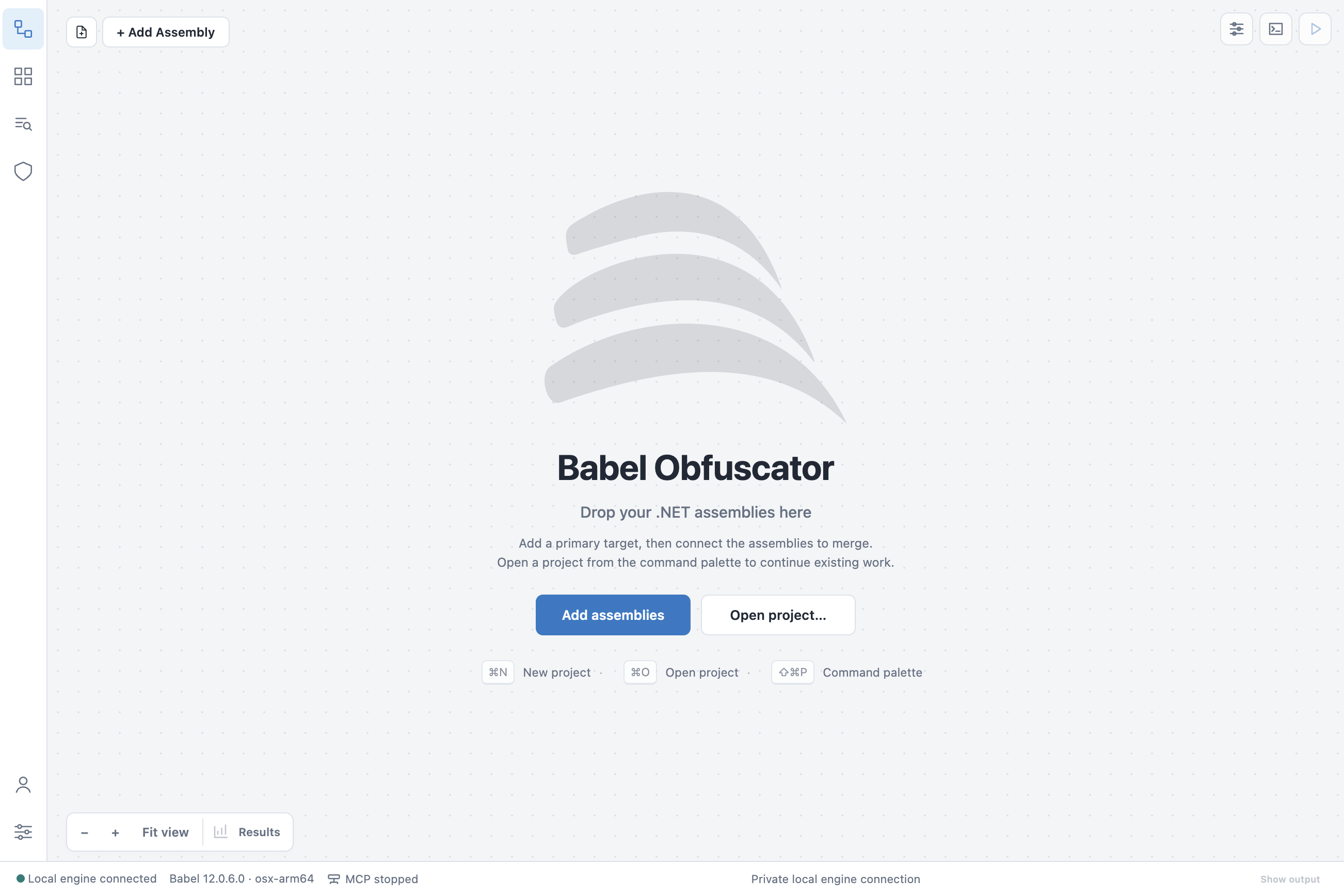 Babel Desktop start screen with no project open, showing the Add assemblies and Open project buttons, the New, Open and Command palette shortcuts, the activity bar on the left and the status bar reporting that the local engine is connected