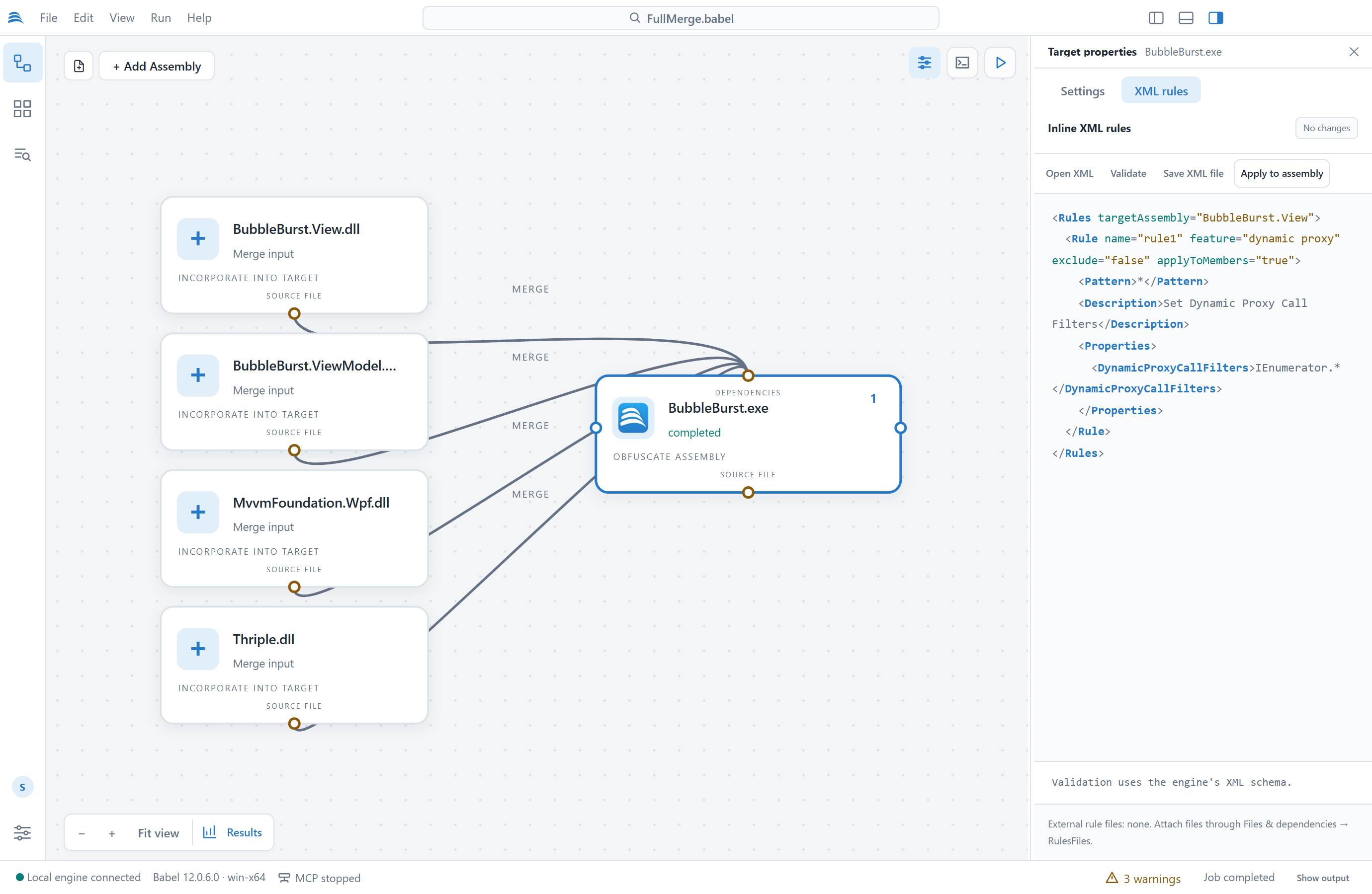 XML rules tab of the target with an inline rule for the merged assembly BubbleBurst.View that sets the Dynamic Proxy Call Filters property to IEnumerator.*, and the Open XML, Validate, Save XML file and Apply to assembly buttons