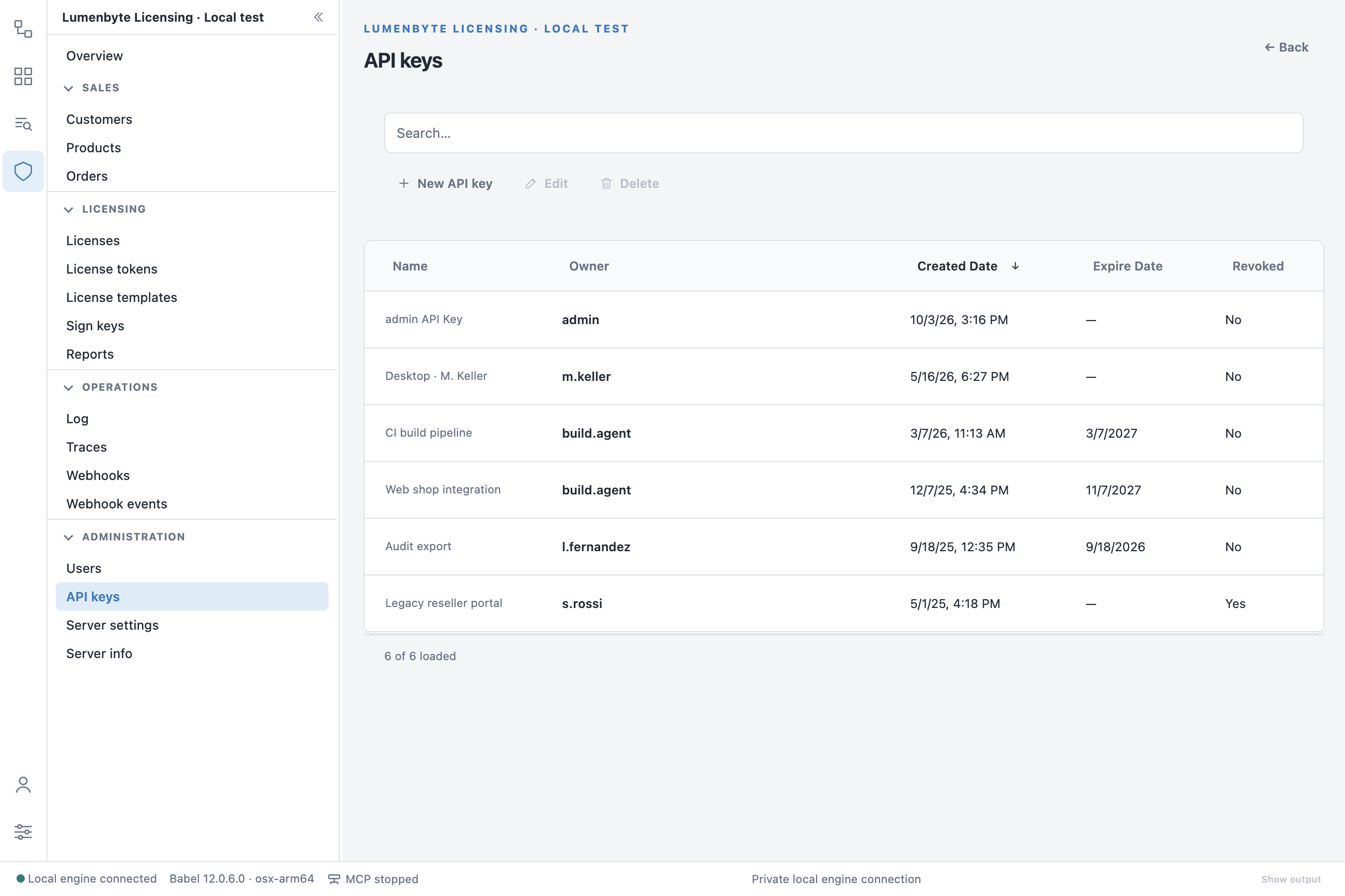 API keys list with name, owner, creation date, expire date with an expired Audit export key, and revoked state with the Legacy reseller portal key revoked, and the New API key, Edit and Delete buttons
