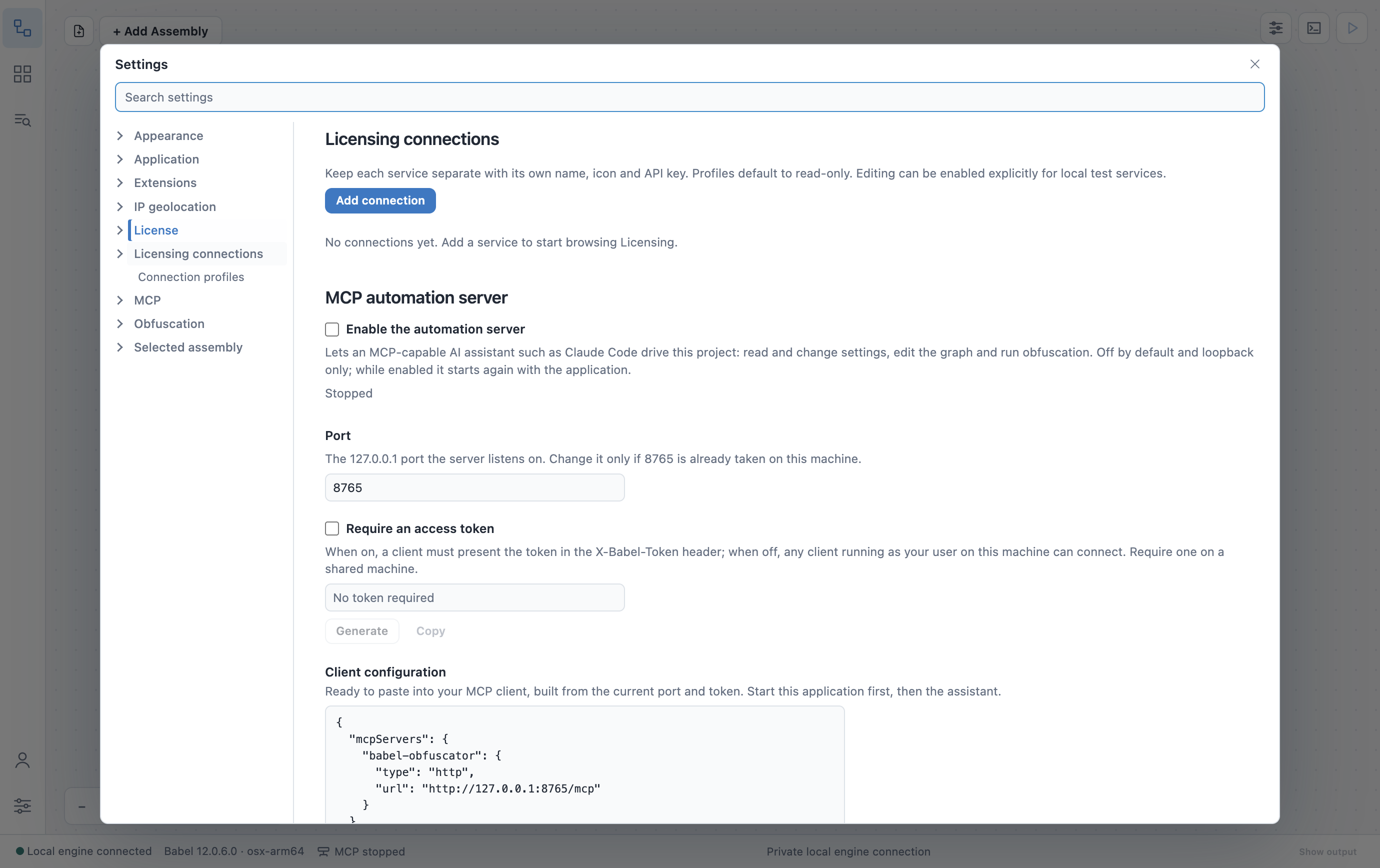 Settings dialog on the Licensing connections page before any connection: the Add connection button and the text No connections yet. Add a service to start browsing Licensing.