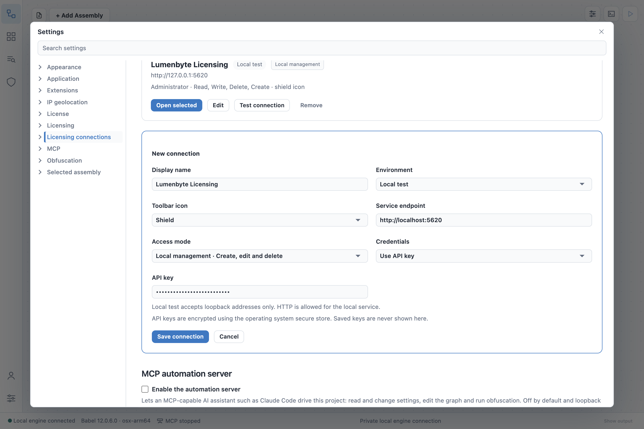 New connection form filled in: Display name Lumenbyte Licensing, Environment Local test, Toolbar icon Shield, Service endpoint http://localhost:5620, Access mode Local management, Credentials Use API key, a masked API key and the Save connection and Cancel buttons